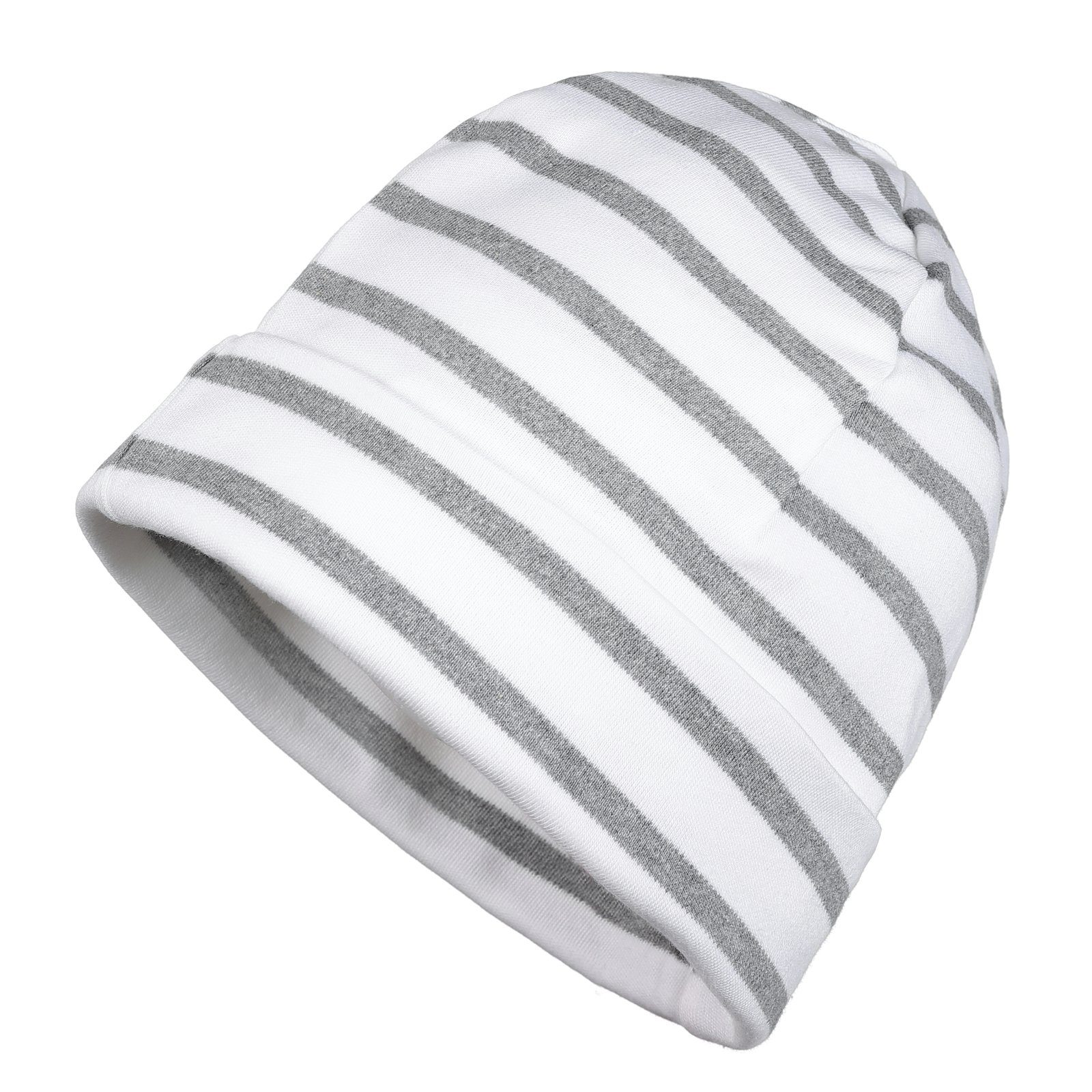 modAS Strickmütze Unisex Mütze Streifen für Kinder & Erwachsene - Ringelmütze Baumwolle (19) weiß / grau-melange