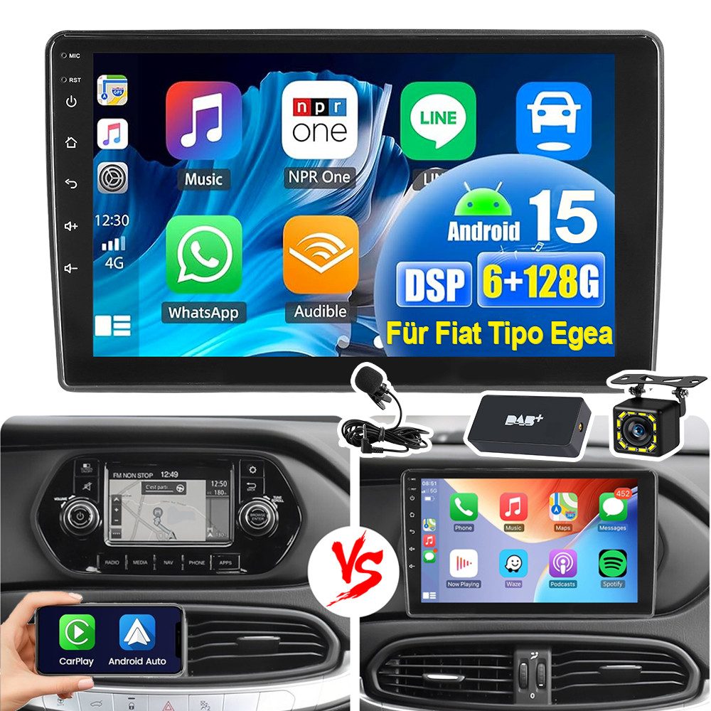 ESSGOO 8-Core Android15 128G Autoradio Carplay GPS Für Fiat Tipo Egea 2015-21 Autoradio (RDS, 6GB+128GB, Digitalradio (DAB), FM, AM, Carplay Android Auto Bluetooth EQ USB GPS Navi WIFI Touchscreen)