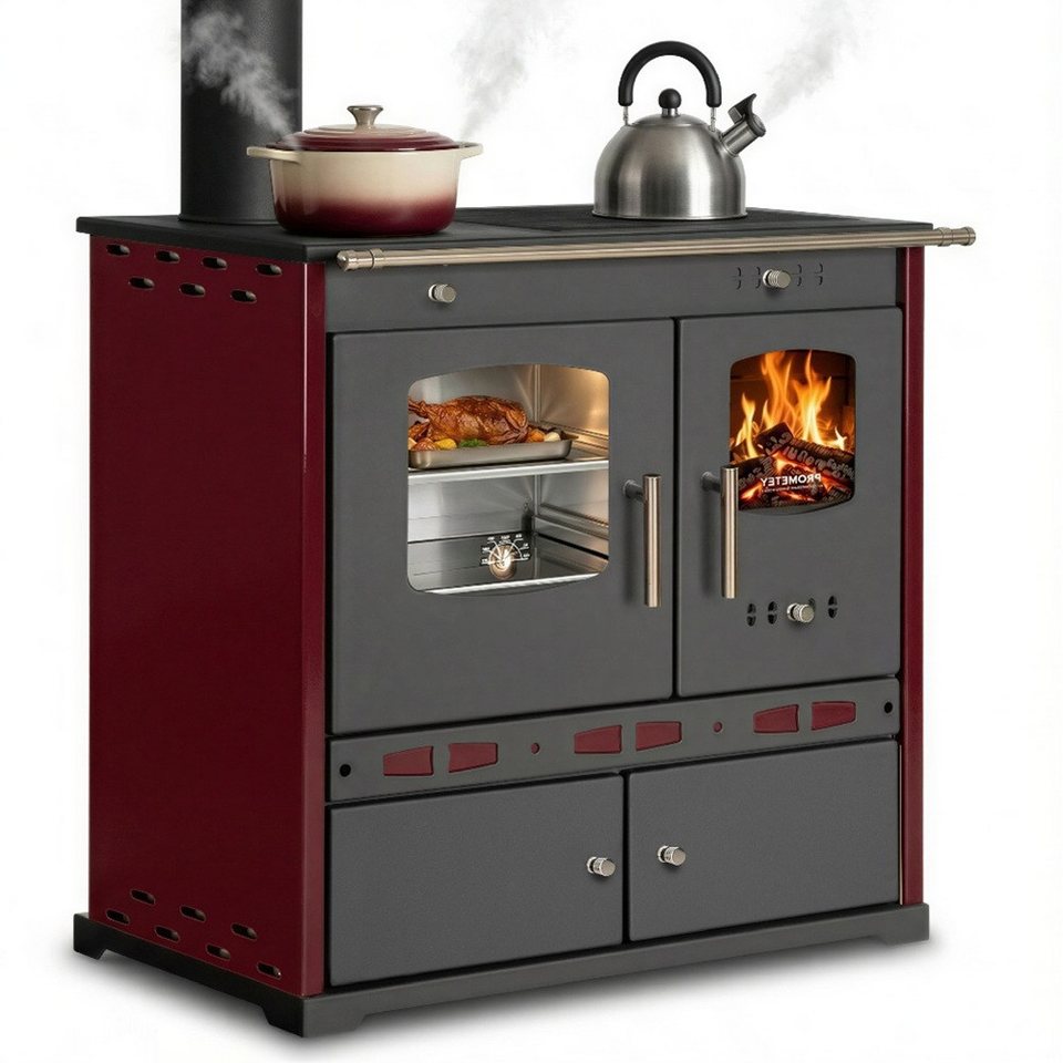 Prometey Festbrennstoffherd Holzherd ECO LUX INOX, Edelstahlbackfach, bordeaux, linke Version, 7,1 kW