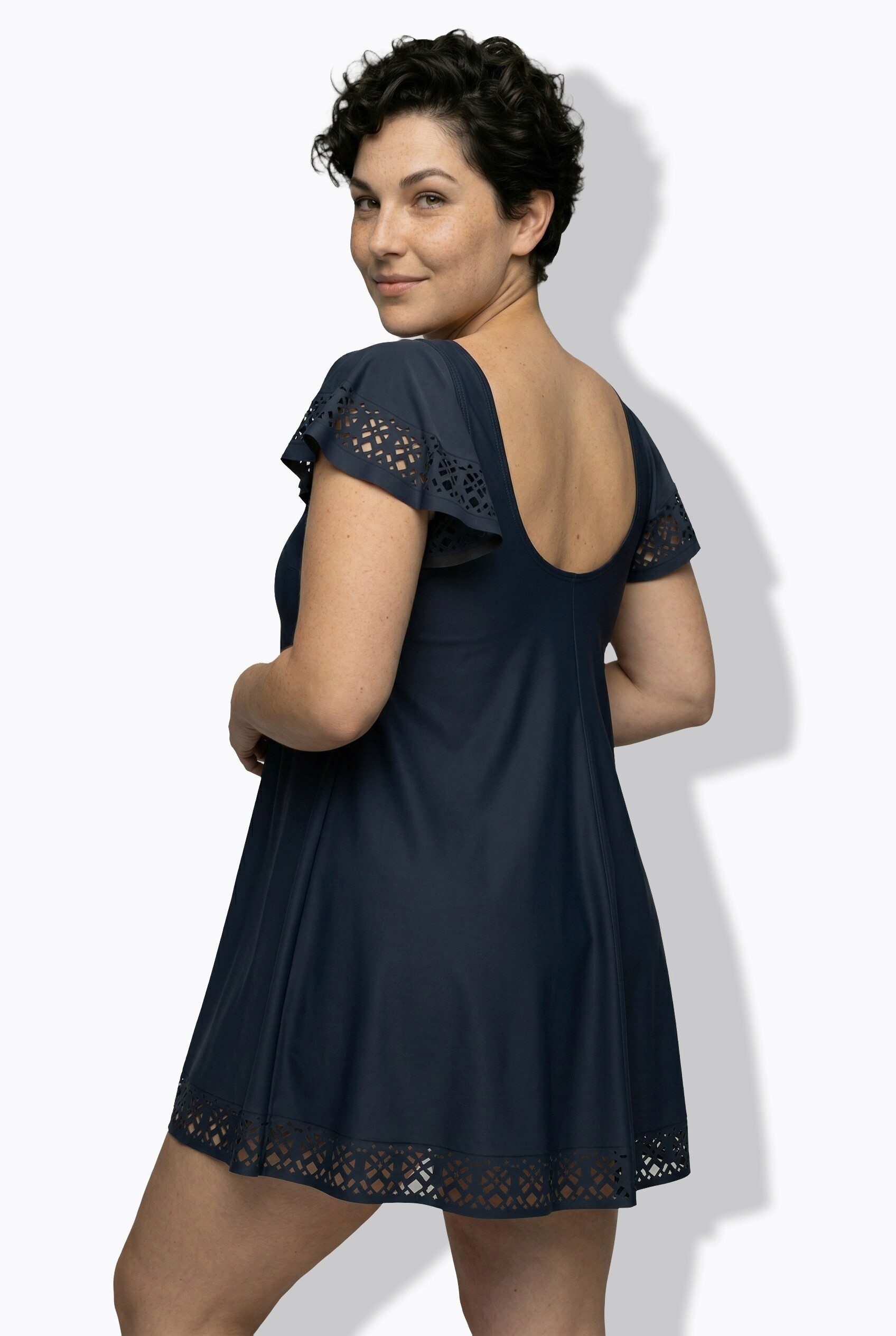 Ulla Popken Badekleid Badekleid Flügelärmel Softschalen Lasercut-Muster