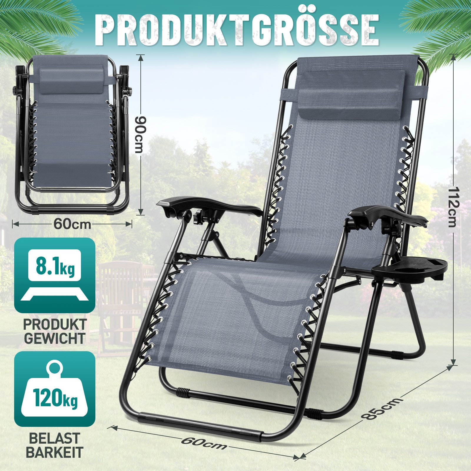 Huracan Gartenliege Sonnenliege Klappbar, Gartenliege Wetterfest, bis 120 KG, 2 St., Liegestuhl Garten mit Nackenkissen Getränkehalter Seitentasche, klappbar,ergonomisch geformt,platzsparend zerlegbar