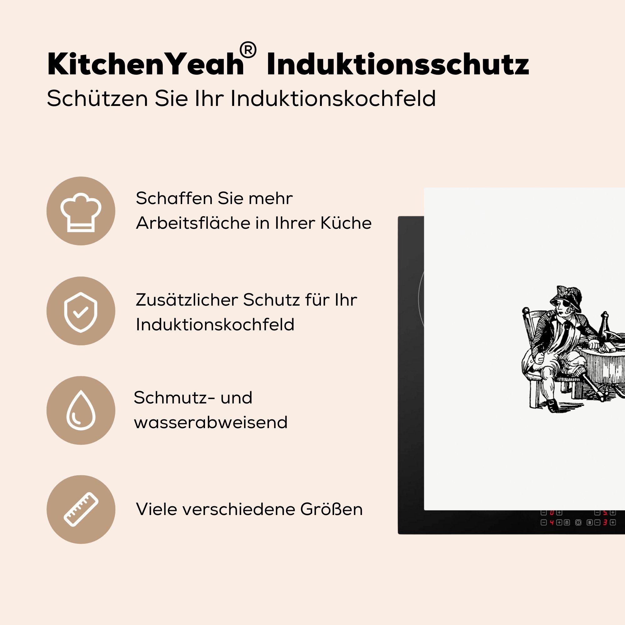 küche - Weiß, - (1 tlg), Pirat cm, für Herdblende-/Abdeckplatte Arbeitsplatte Vintage Ceranfeldabdeckung, 78x78 MuchoWow Vinyl,