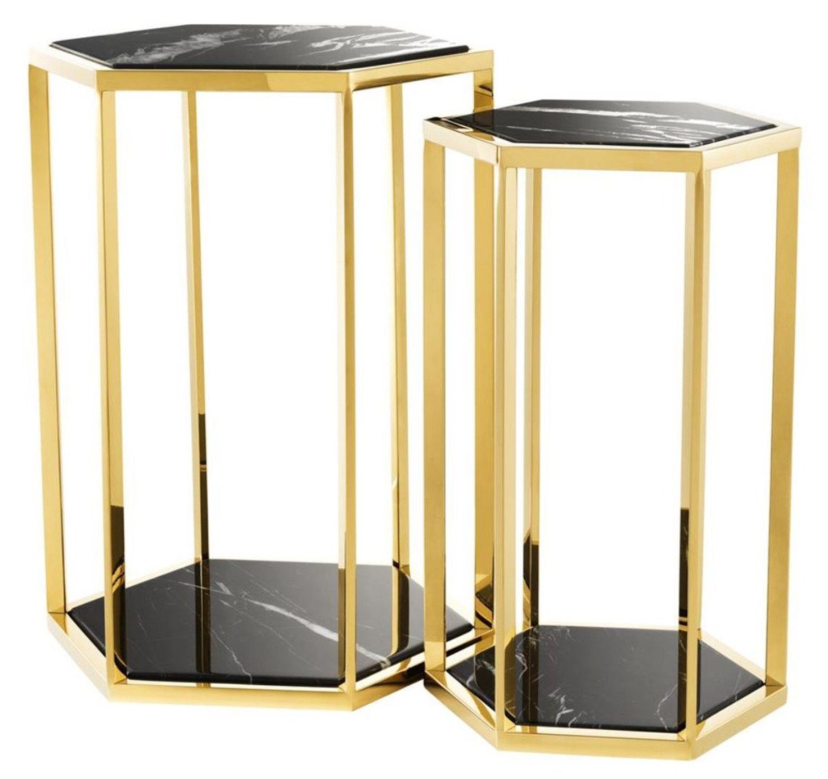 Casa Padrino Beistelltisch Luxus Beistelltisch 2er Set in gold mit schwarzem Marmor - Luxus Qualität