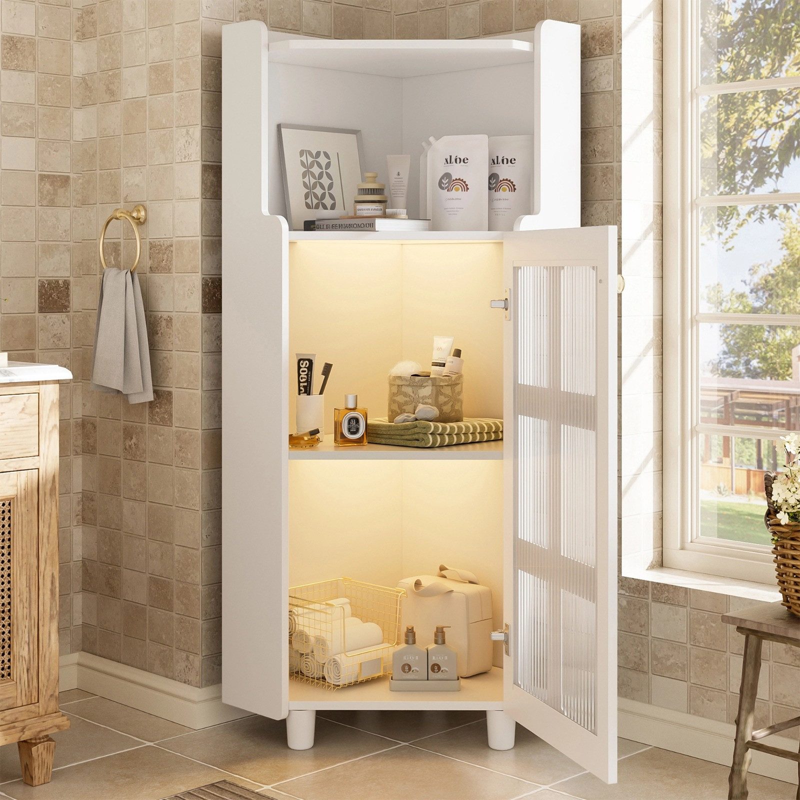 Celya Vitrine Eck-Schrank mit Lackoberfläche & LED-Beleuchtung (63.5*124cm, Weiß, für Wohnzimmer, Bücherregal, Badezimmer) Moderne Eck-Kommode mit App-Steuerung