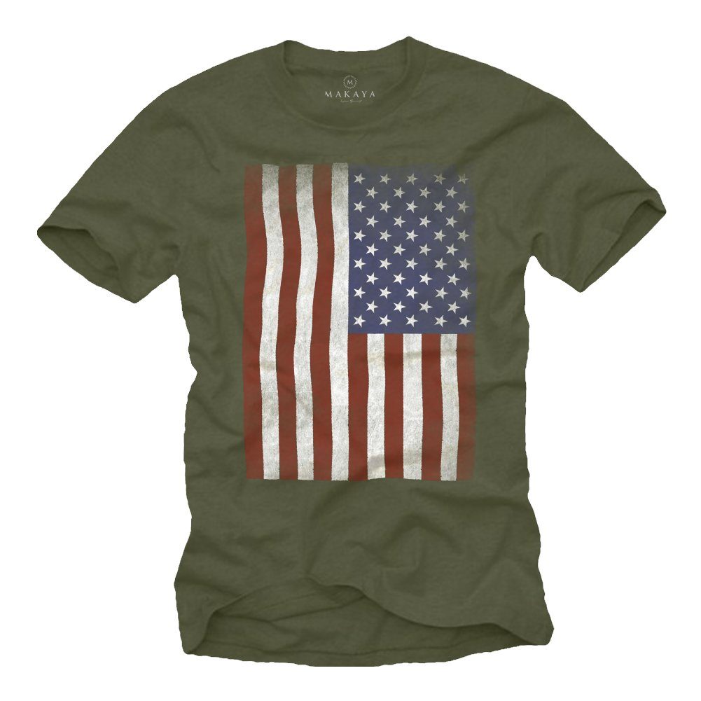 MAKAYA Print-Shirt Herren USA Fahne Vintage Amerika T-Shirt US Flagge Army Armee Männer mit Druck, aus Baumwolle Grün