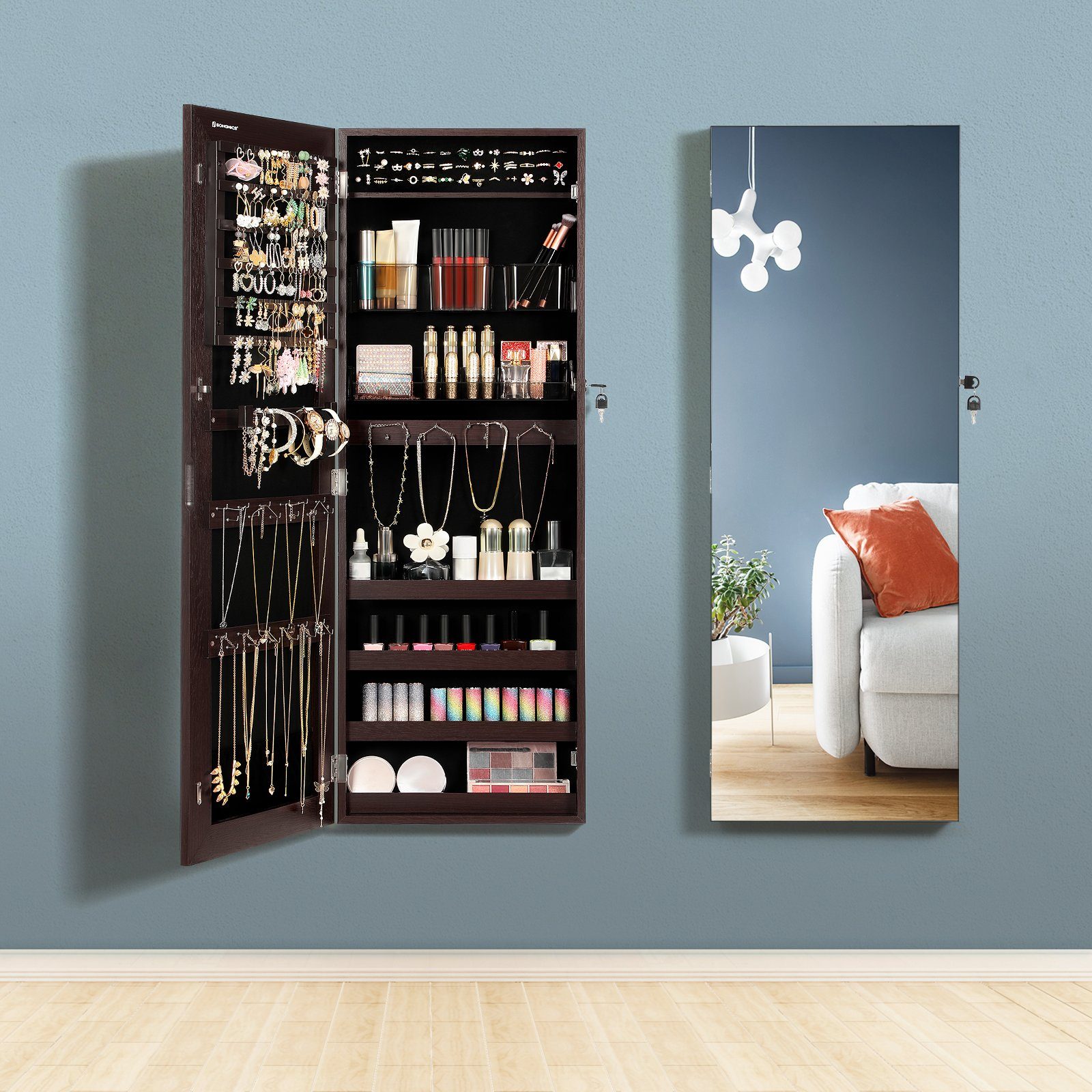 SONGMICS Schmuckschrank Spiegelschrank mit rahmenlosem Ganzkörperspiegel, abschließbarer, 37,5 x 9,7 x 108 cm