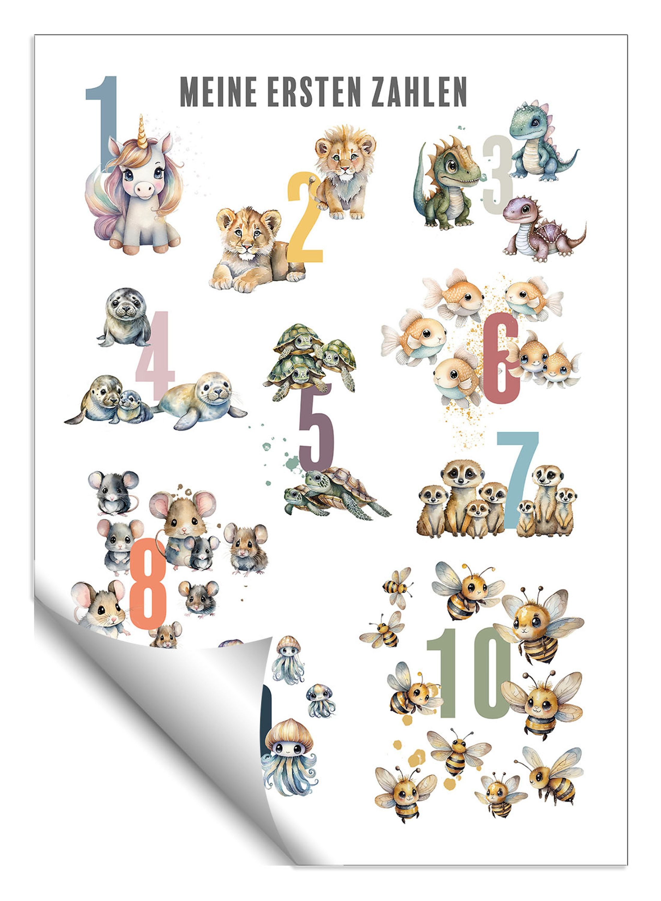 artissimo Poster Kinderposter 50x70 cm Deko Tiere zählen lernen Pastell Kinderzimmer, Lernposter: Meine ersten Zahlen Tiere