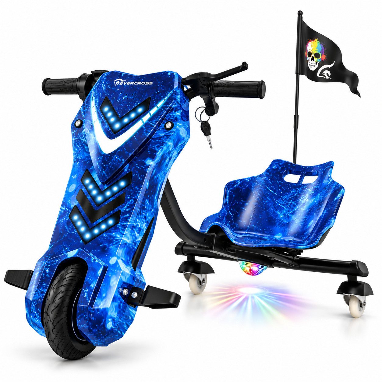 EVERCROSS TECH Dreiradscooter Drifter 360, Elektro Drift Trike, LED-Leuchten, Bluetooth-Lautsprecher, verstellbarem Sitz