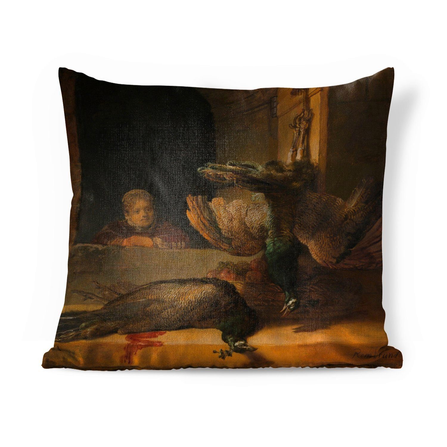 MuchoWow Dekokissen Stillleben mit Pfauen - Rembrandt van Rijn, Zierkissen mit Füllung für Wohzimmer, Schlafzimmer, Deko, Sofakissen