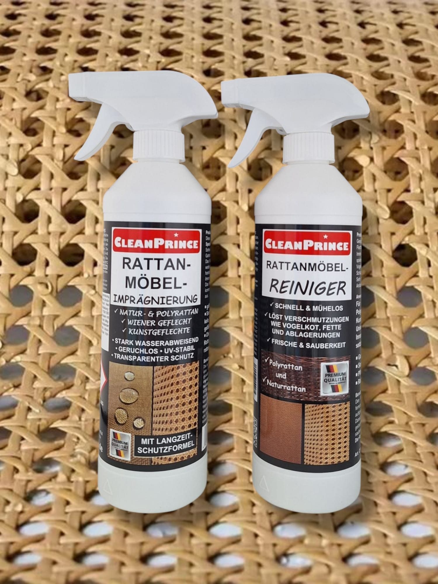 CleanPrince Rattanmöbel-Pflege-Set: Reiniger 0,5 l & Imprägnierung 0,5 l Möbelreiniger (ohne stark riechende Lösemittel)