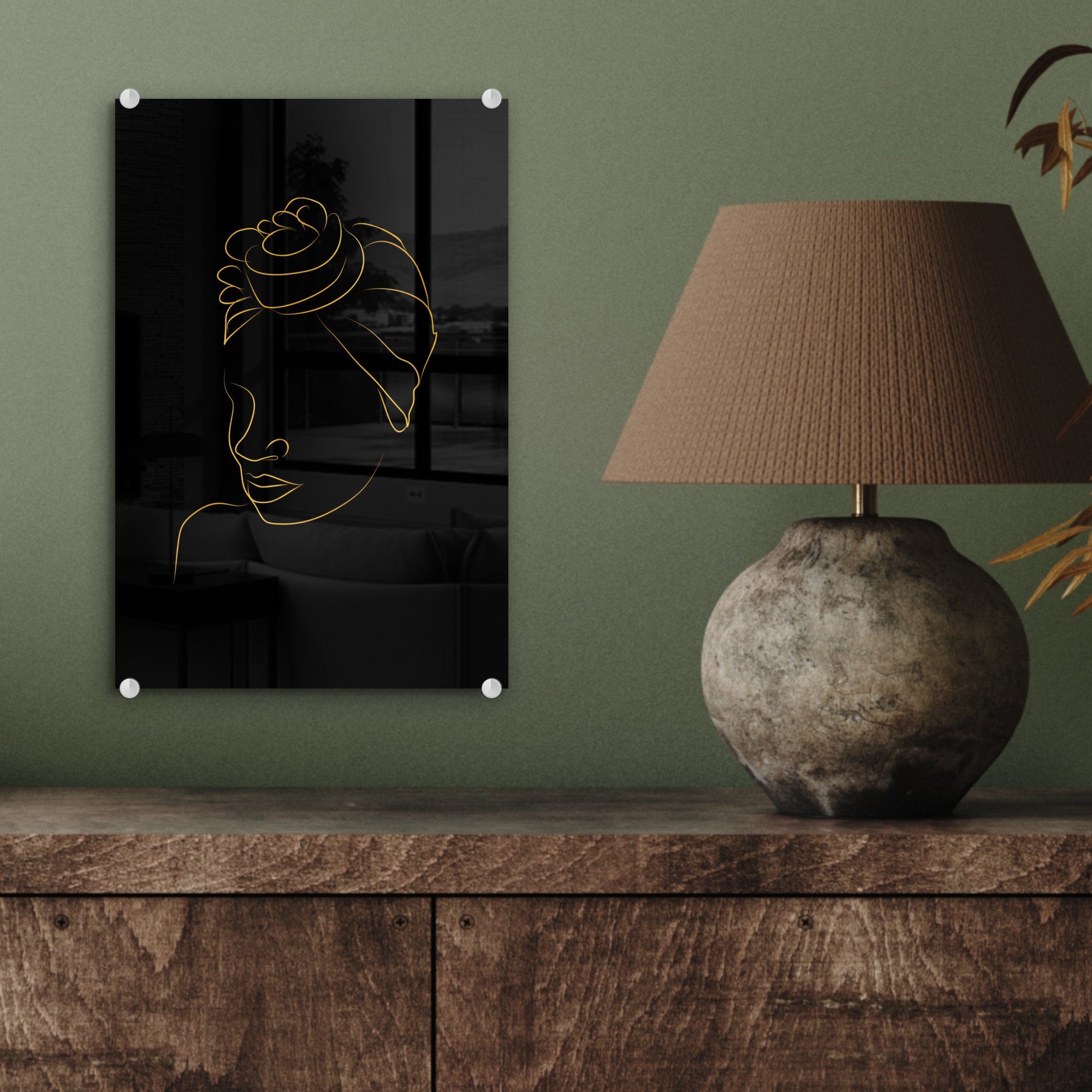 Glas St), Kopftuch und Foto - Wanddekoration Acrylglasbild Schwarz auf MuchoWow Wandbild Strichzeichnung, - Glasbilder - auf (1 - - - Frau Bilder Glas Gold