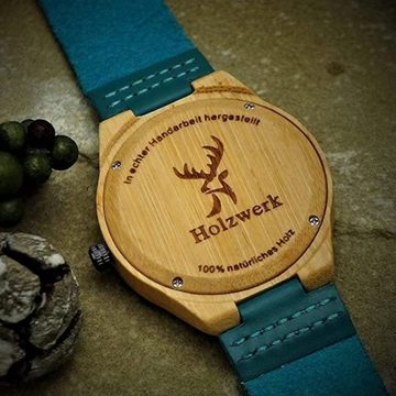 Holzwerk Quarzuhr FLORISTIC Damen Holz Armband Uhr mit Blumen Muster, braun, türkis blau