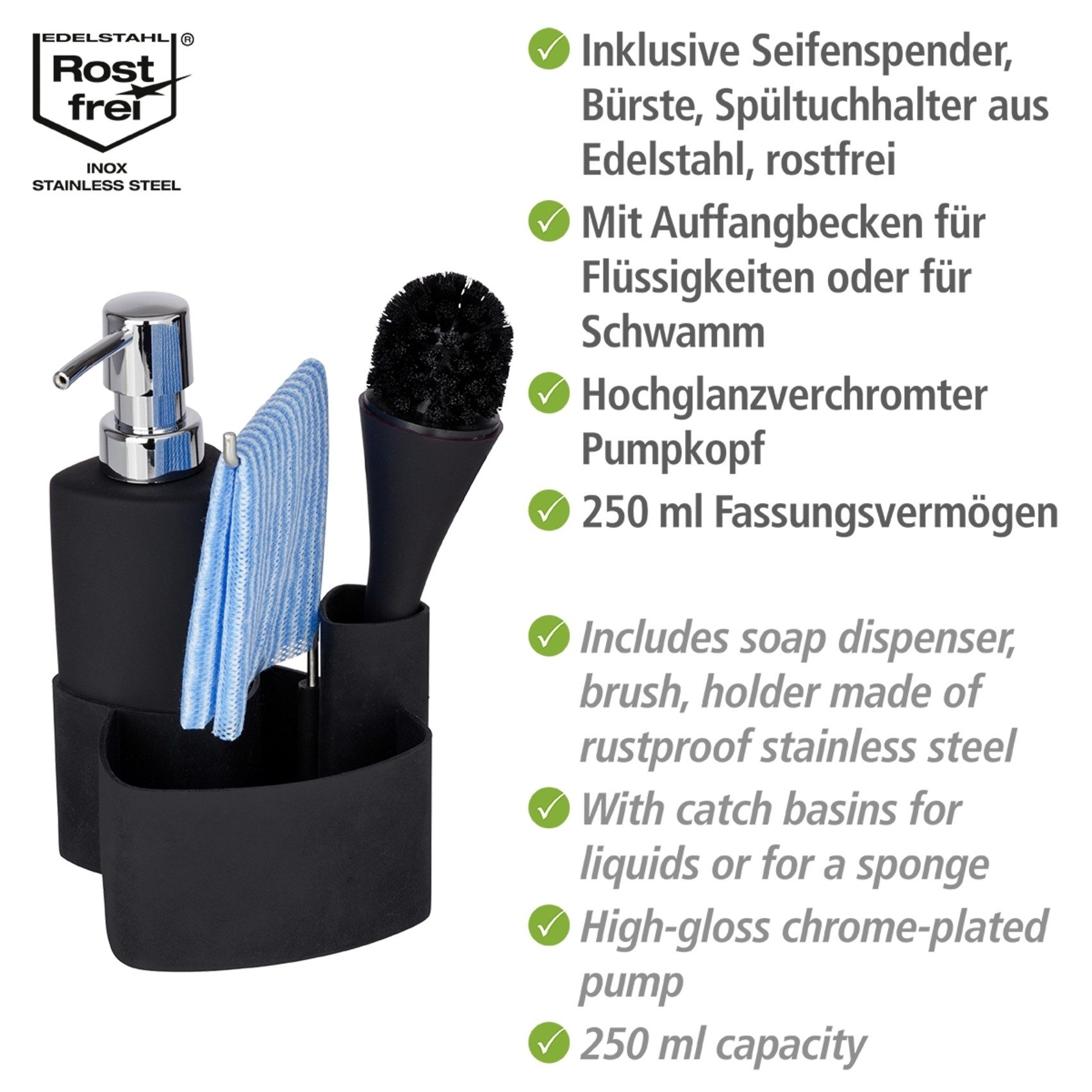 WENKO Spülmittelspender Modell Empire, (Set, 3-tlg), Spül-Set mit Spülmittelspender, Spülbürste und Handtuchhalter, Keramik