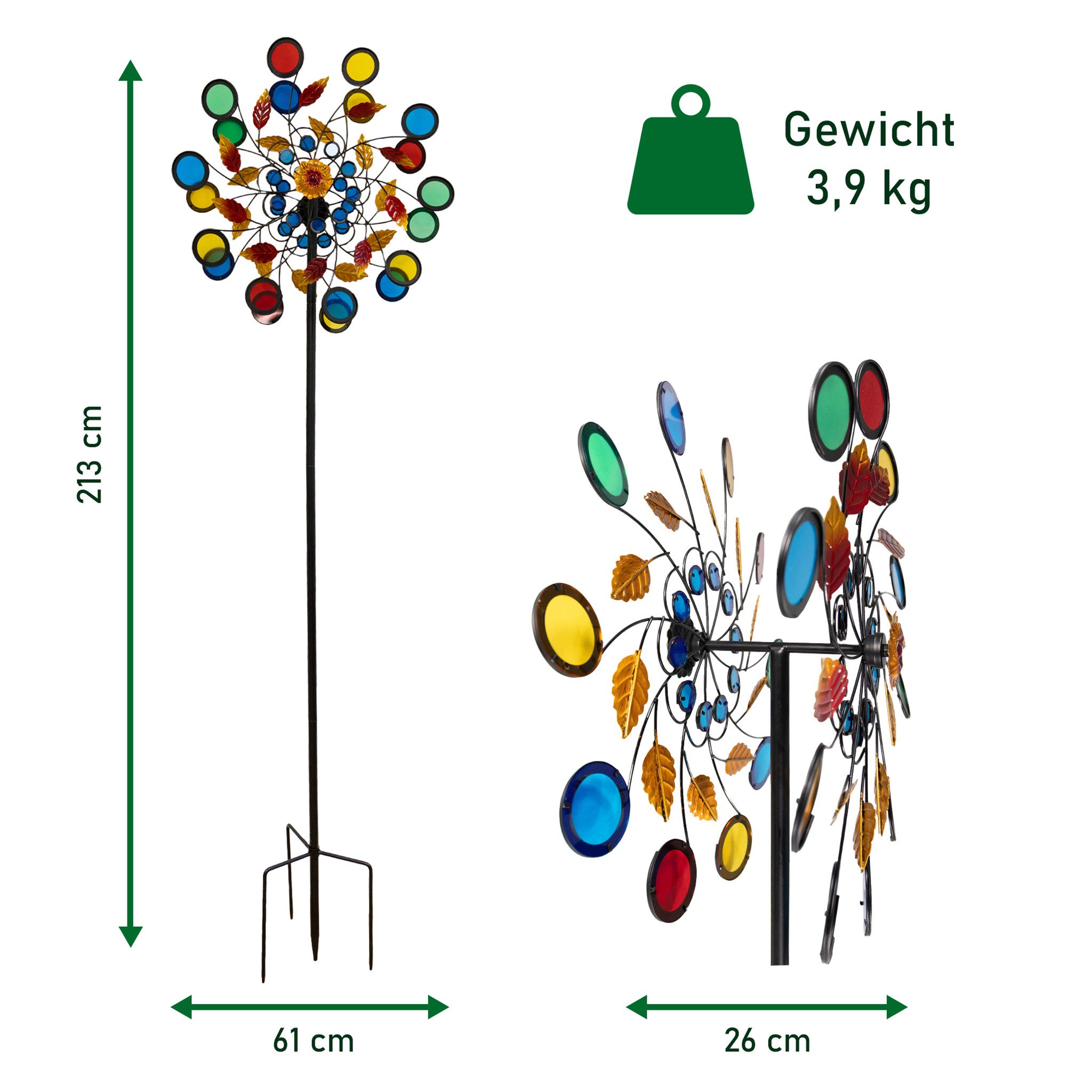 Lemodo Windspiel Windrad Garten Metall, 2 Rotoren, buntes Acryl-Windspiel 213 cm, Acryl-Windrad mit 2 Rotoren