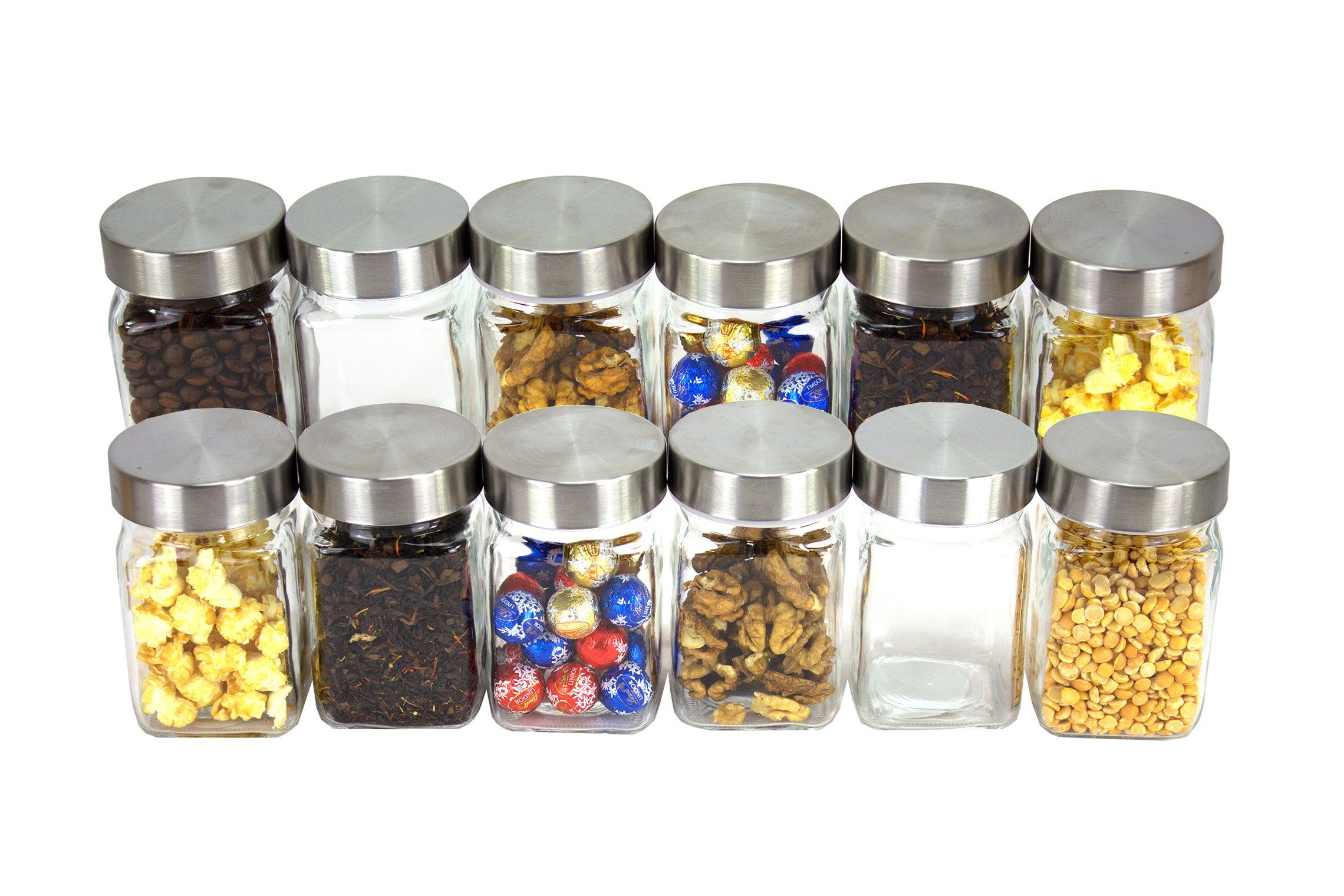 BigDean Gewürzbehälter 12 Vorratsgläser 300ml eckig Edelstahl-Deckel Gewürzglaser Vorratsdo, Glas & Edelstahl, (12-tlg)