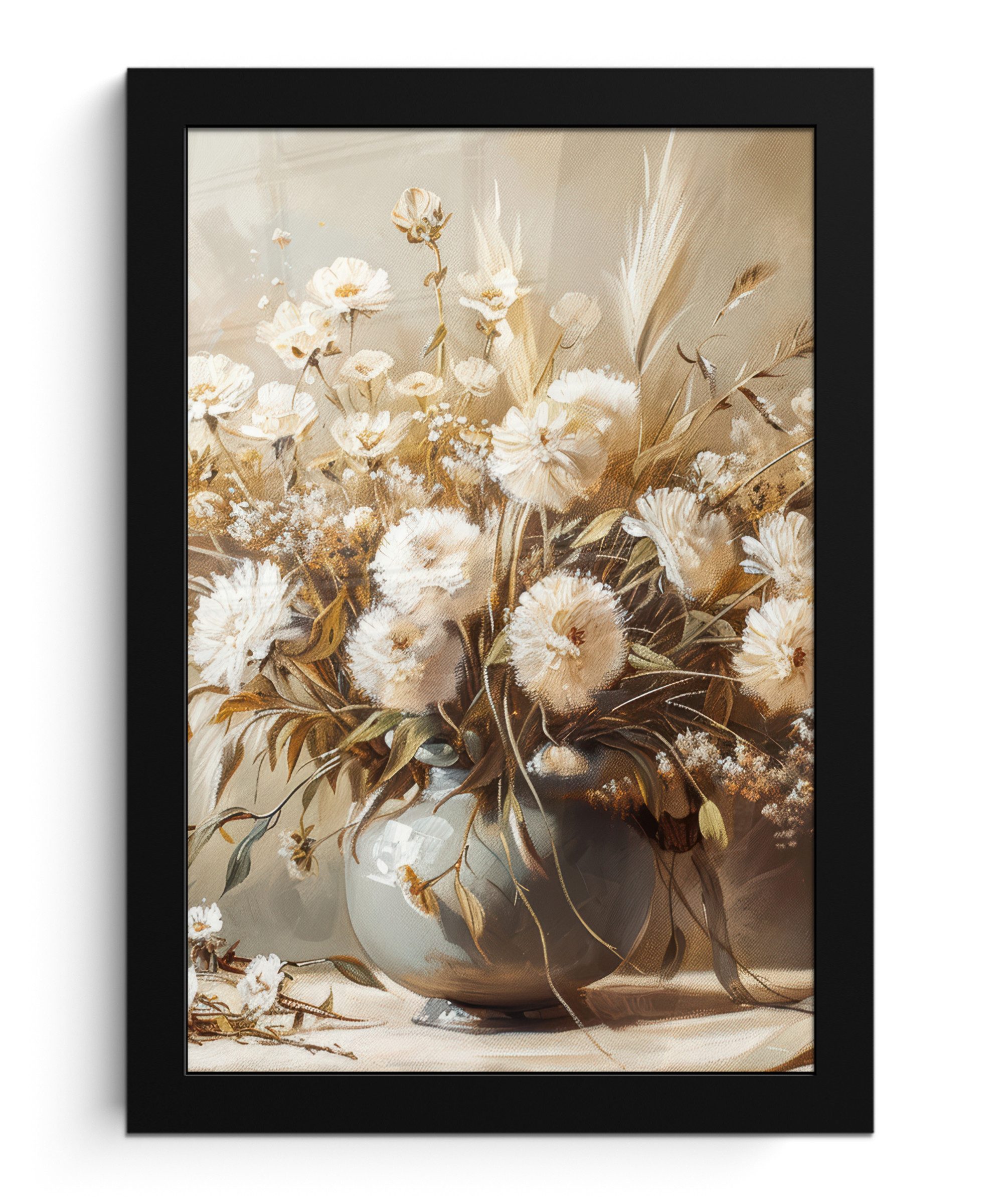 MuchoWow Poster Blumen - Vase - Stilleben - Beige, (1 St), Bilderrahmen, Zimmer Deko, Bild für Wohnzimmer, 20x30 cm