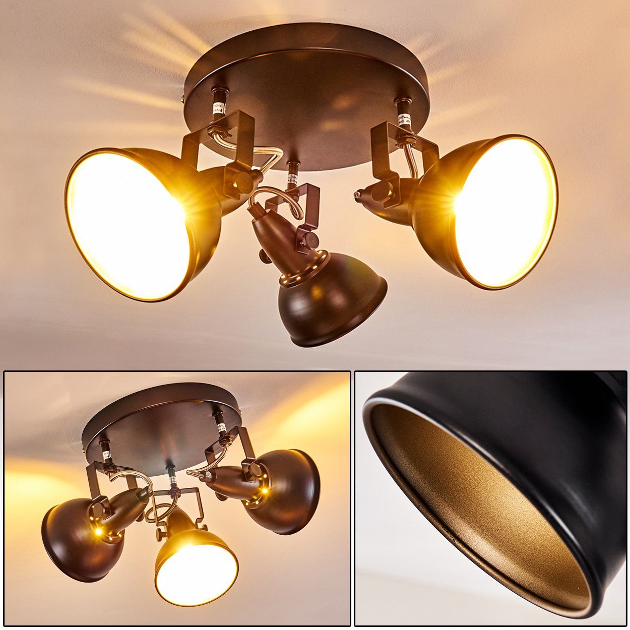 »Arazane« hofstein verstellbaren Design Schwarz/Gold, Leuchtmittel, im ohne Strahlern, mit Deckenlampe Deckenleuchte aus 3xE14, Retro/Vintage in Metall Spot