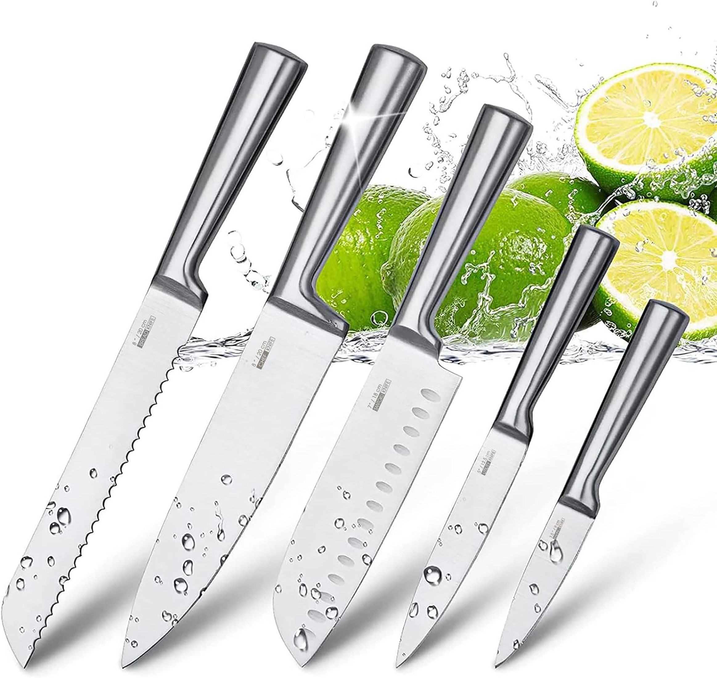 ibettertec Kochmesser Messer Set 5-tlg,  Profi Küchenmesser Set aus Edelstahl, mit Santoku, Kochmesser, Brotmesser, Universalmesser, Gemüsemesser