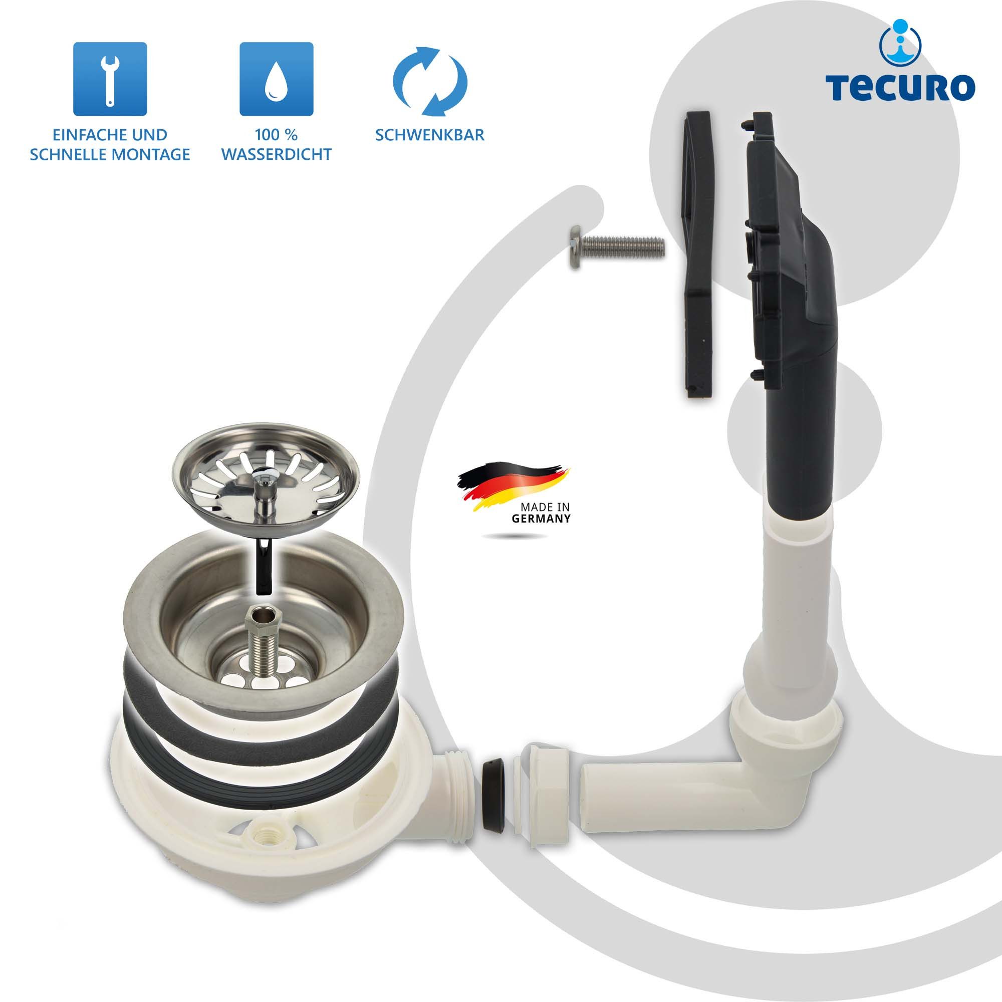 tecuro Siphon Spülen-Siebkorbventil Ø 114 mm (3 1/2 Zoll) mit Überlauf 38x64 mm