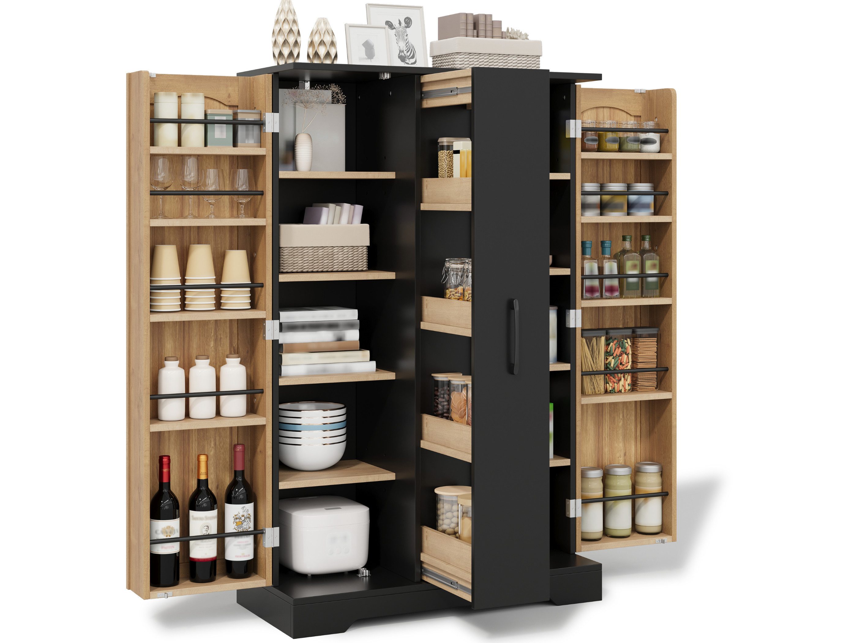 SeedWave Buffet Küchenschrank mit Türregal, Buffet mit 4-stufigem Auszug Vorratsschrank mit Doppeltüren und verstellbaren Fächern