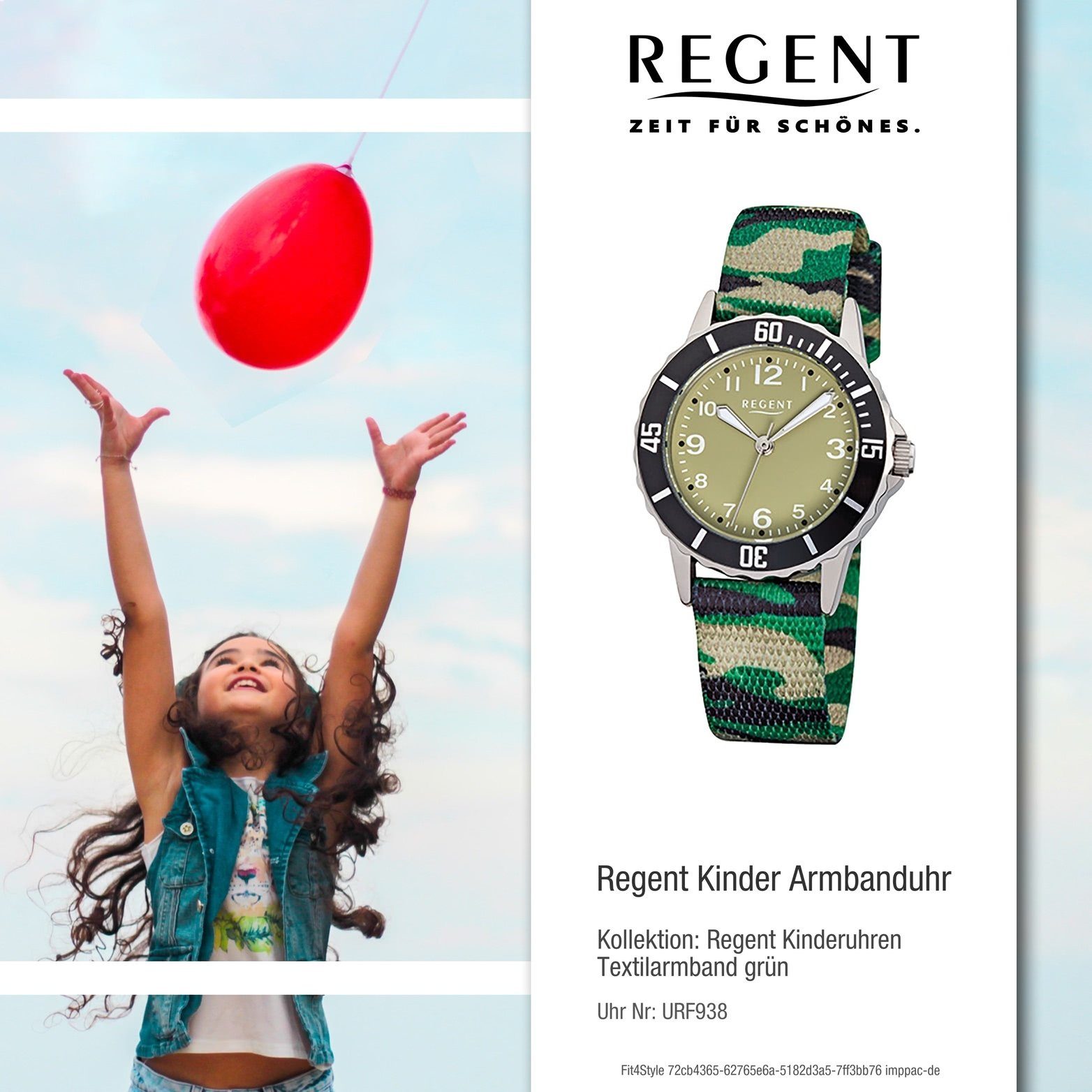 Regent Quarzuhr Textilarmband, Kinder 32mm), rundes Gehäuse, Kinderuhr Textil Quarzuhr, Uhr Fashio Regent (ca. mittel F-938 mit