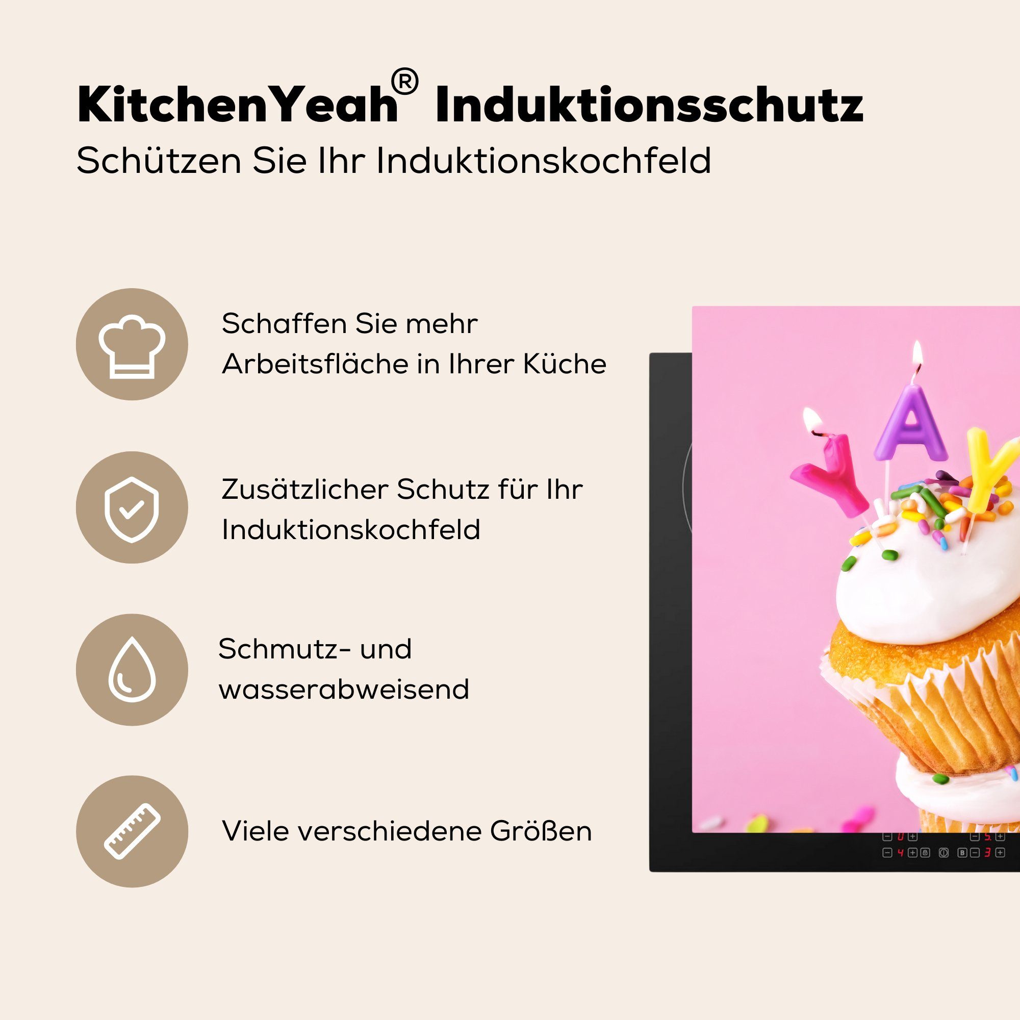 cm, Ceranfeldabdeckung, Herdblende-/Abdeckplatte Hintergrund, Vinyl, für Konfetti-Cupcakes MuchoWow küche tlg), (1 einem 78x78 rosa auf Arbeitsplatte