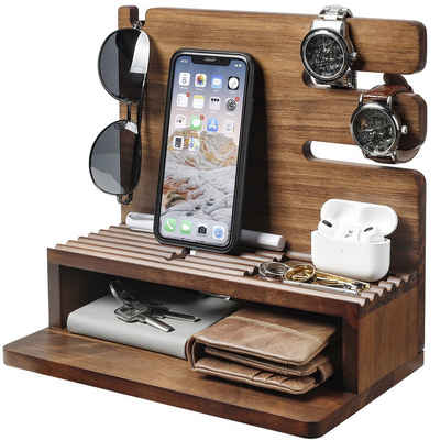 Yorbay Organizer Telefon Docking Station aus Holz, Geschenk für Männer Ehemann Freund, Schreibtisch Tisch Organizer für Uhren Handy Tablet Brille Geldbörse