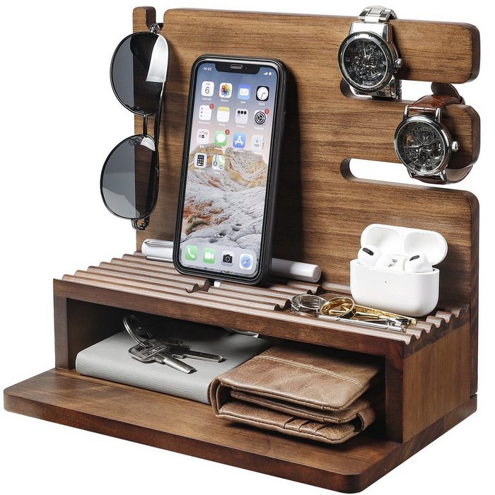 Yorbay Organizer Telefon Docking Station aus Holz Geschenk für Männer Ehemann Freund Schreibtisch Tisch Organizer für Uhren Handy Tablet Brille Geldbörse