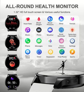 Iaret Smartwatch (1,32 Zoll, Android iOS), Damen mit Telefonfunktion SpO2 Pulsuhr Menstruationszyklus 3 Armbänder