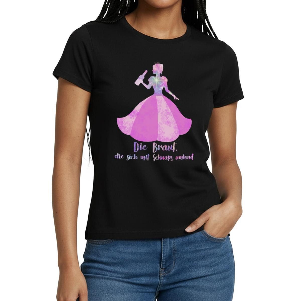 Spreadshirt T-Shirt JGA Frauen, Die Braut, Die Sich Mit Schnaps Umhaut Frauen T-Shirt (1-tlg) Slim Fit, fällt klein aus