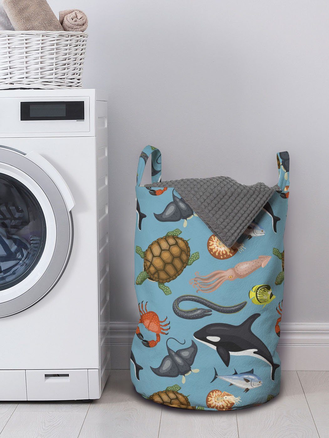 Waschsalons, mit Meerestiere Wäschekorb Abakuhaus für Wäschesäckchen Unterwasserszene Griffen Kordelzugverschluss Schildkröte