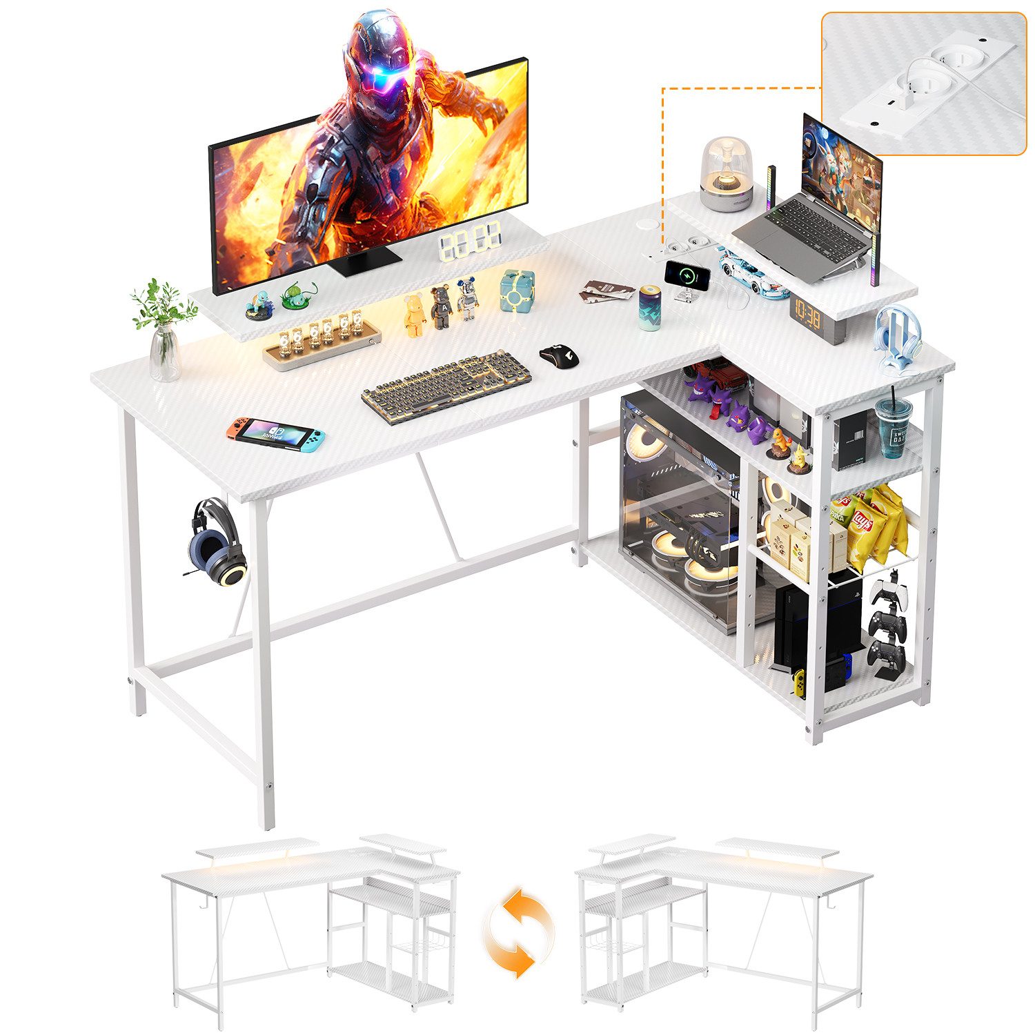 HOMALL Gamingtisch L-förmiger Computertisch mit Steckdosen, USB-Anschlüssen und Stauraum (120/140 × 50 × 75/80 cm großer Gaming-Tisch mit zwei Ablageflächen, einer abnehmbaren Trennwand zum Selberbauen und Kopfhörer-/Becherhaltern)