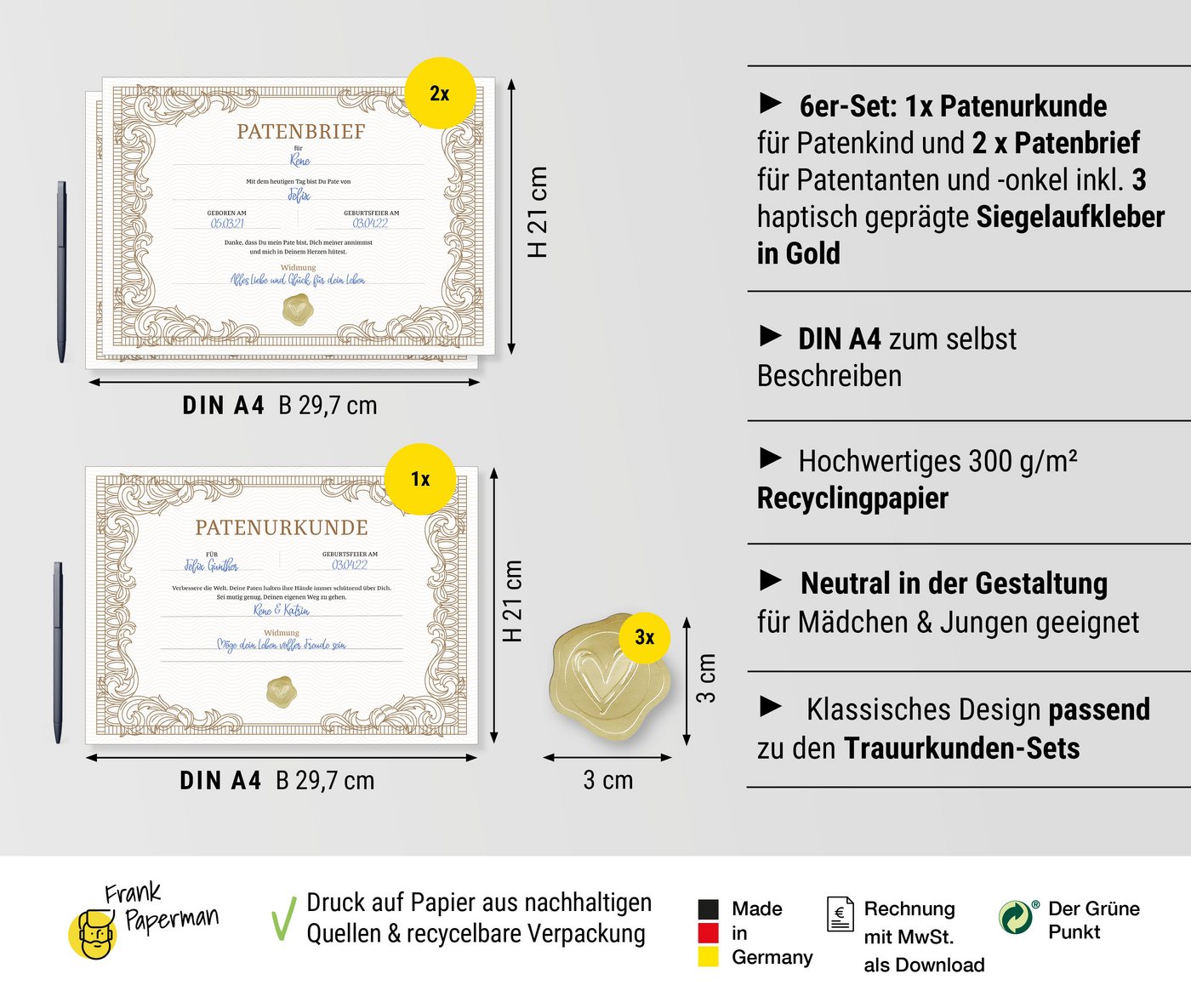 Thumbnail - Frank Paperman Taufkarte Patenbrief Taufpaten, Urkunden Set, Goldsiegel, Patenkind klassisch, Paten, 100 % Recyclingpapi...