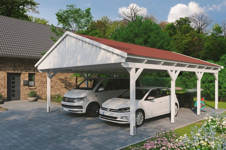 Skanholz Doppelcarport Fichtelberg, BxT: 618x808 cm, 574 cm Einfahrtshöhe,  mit roten Schindeln, Satteldach-Carport, farblich behandelt in weiß