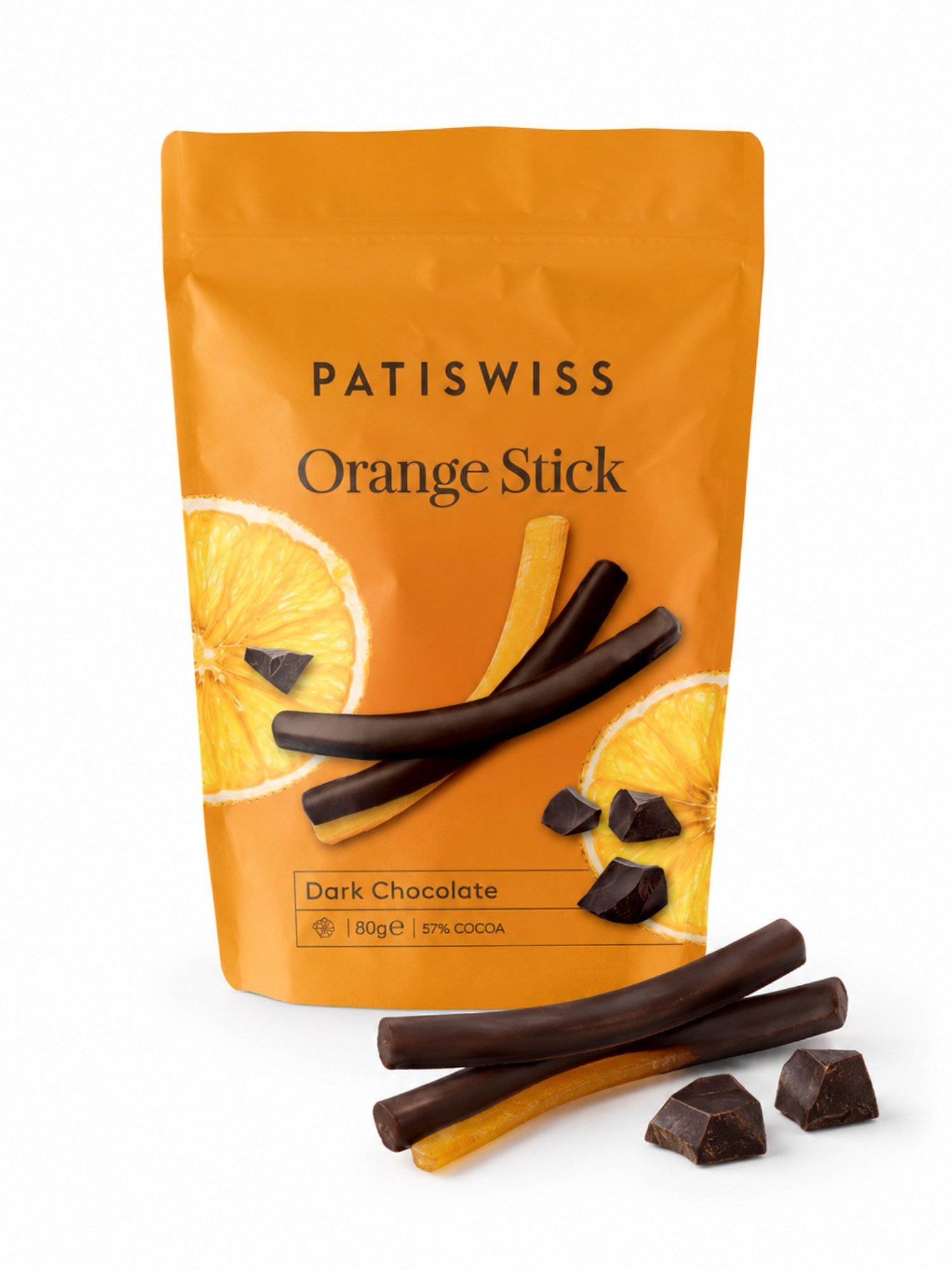 PATISLOVE Schokolade Patislove Zartbitterschokolade Orangen-Sticks, Schoko-Stäbchen, 80g, Fruchtige Orangenfüllung, Edelbitterschokolade, Premium-Qualität