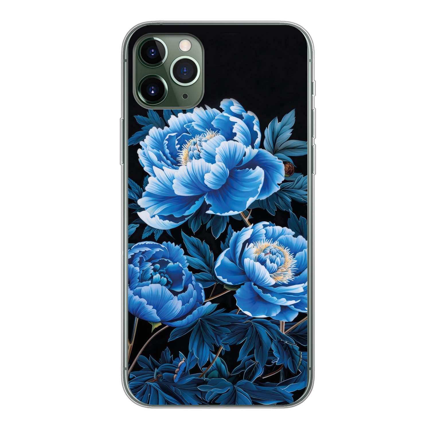 MuchoWow Handyhülle für Apple iPhone 11 Pro Max Blumen - Schwarz - Blau - Modern, Smartphone-Bumper, Print, Handy Schutzhülle Dünn