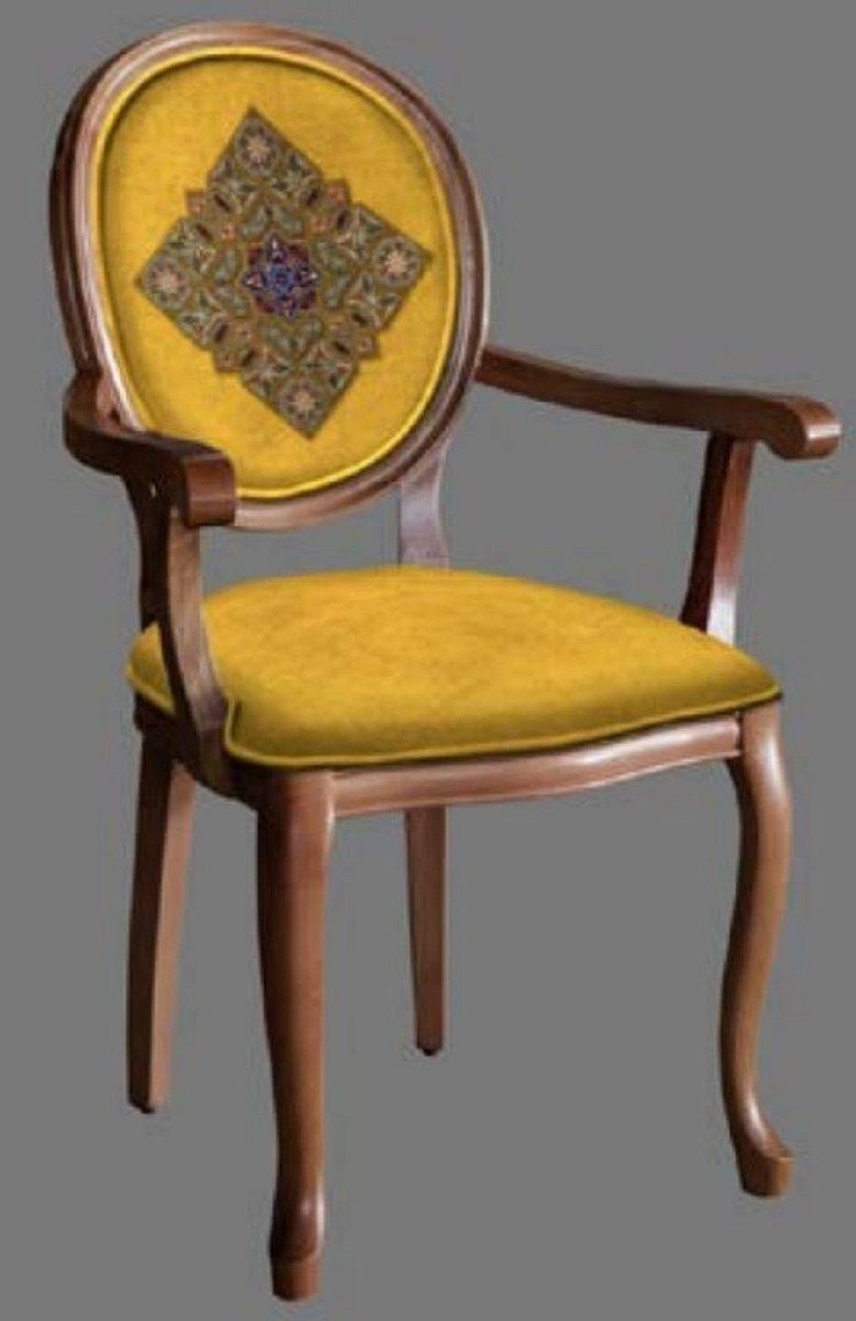 Casa Padrino Esszimmerstuhl Barock Esszimmerstuhl Gold / Mehrfarbig / Braun - Handgefertigter Antik Stil Stuhl mit Armlehnen - Esszimmer Möbel im Barockstil | Stühle