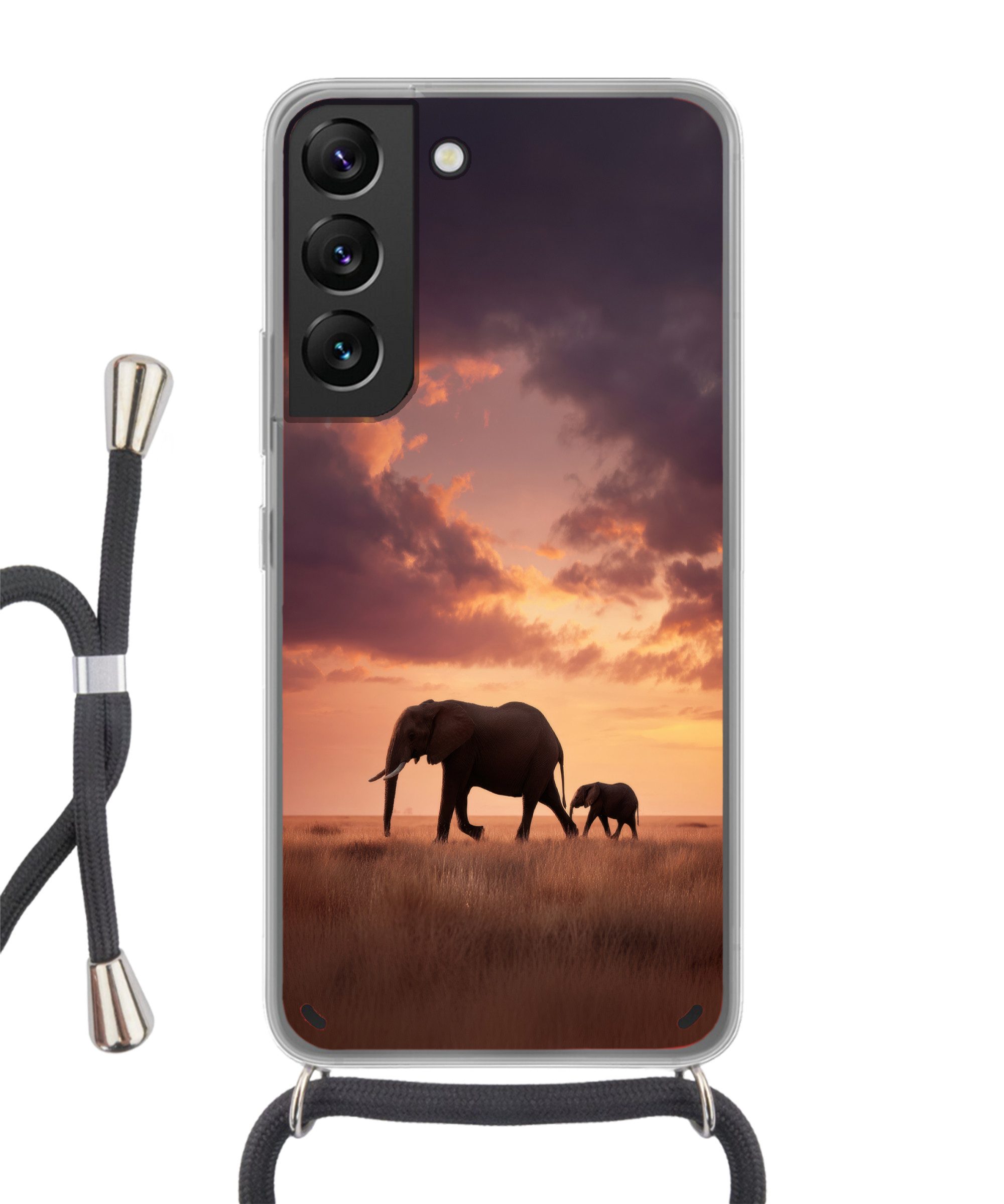 MuchoWow Handyhülle für Samsung Galaxy S22 Elefanten - Grasland - Sonnenuntergang, Tragbare Handyhüllen mit Kette zum umhängen, Handykette Handyband