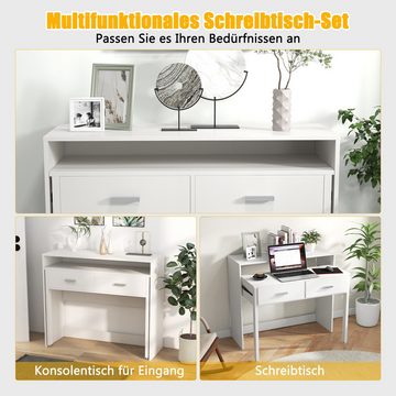 COSTWAY Schreibtisch, ausziehbar, mit 2 Schubladen, Monitorablage & Rollen
