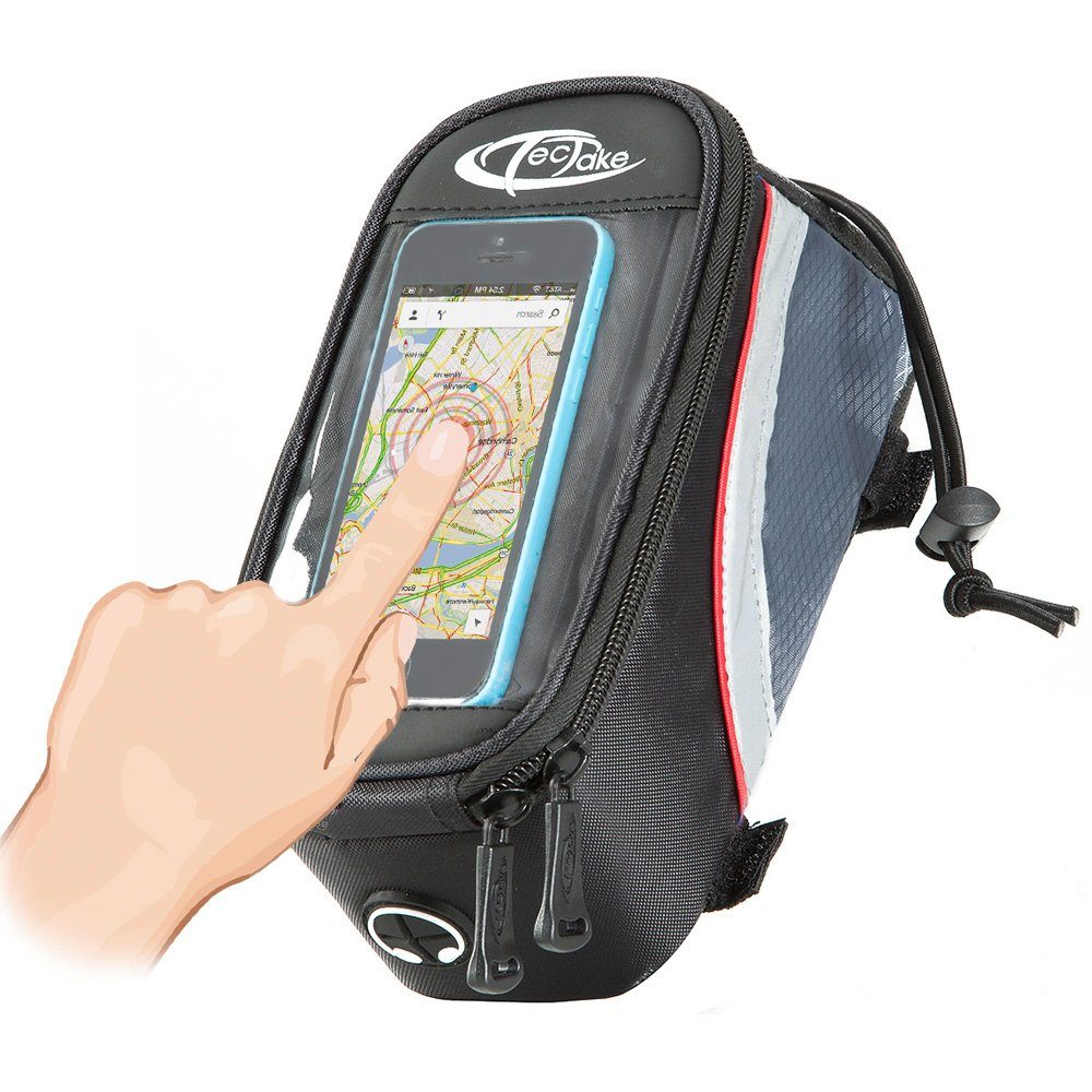 tectake Fahrradtasche Fahrradhandytasche, Zusätzliche Spannseil-Sicherung, (Gepäckträgertasche, in schwarz/grau/rot), Wasserabweisend, Handyfach mit Sichtfenster, Audio-Verlängerungskabel
