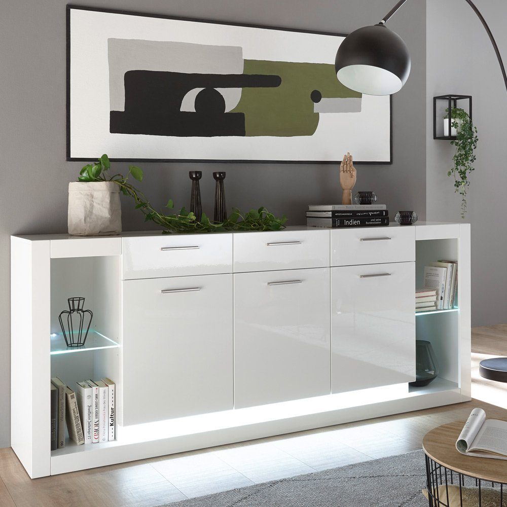 Wohnwand in Modernes : Set Lomadox mit Design Sideboard weiß, MAILAND-61, 398/198/43cm Hochglanz