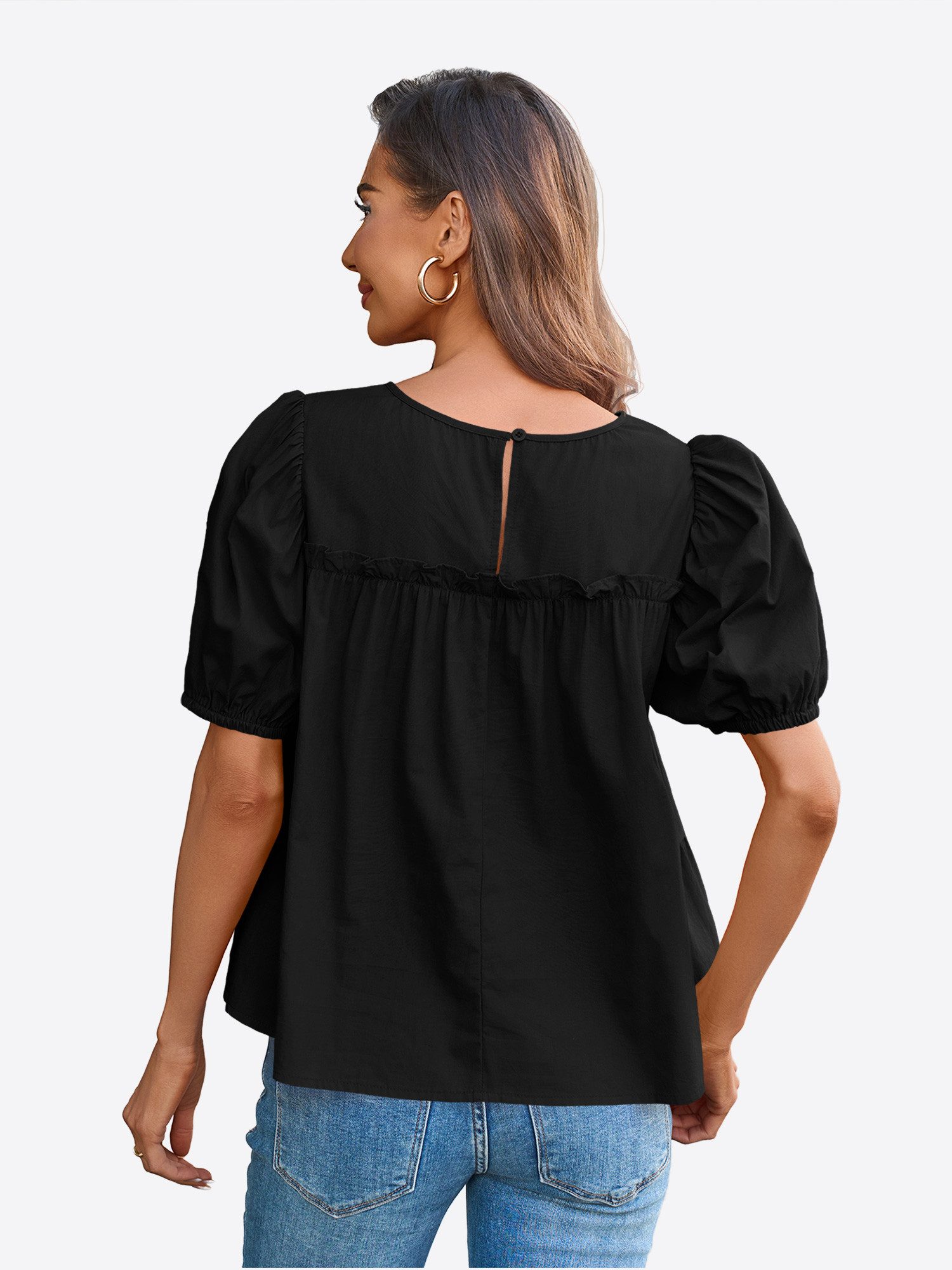 Imily Bela T-Shirt Damen Babydoll Tops mit Puffärmeln und Schößchen (Packung, 1-tlg., 1per-Pack) aus Baumwolle