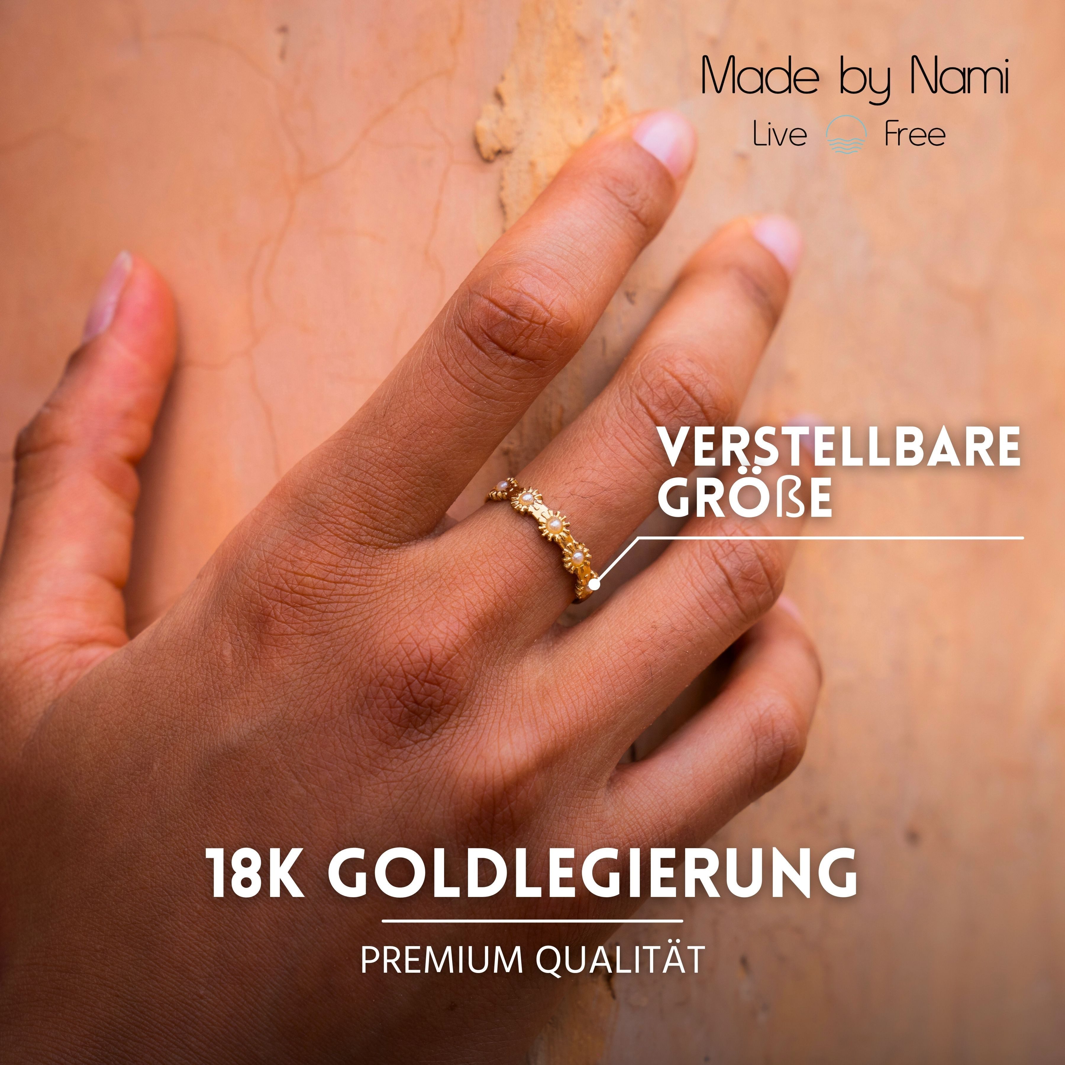 Made by Nami Goldring Boho Damenring gold mit Sonnenmotiv größenverstellbar wasserfest, aus Edelstahl – Boho-Stil – glänzend – filigran – Bild 3 von 5