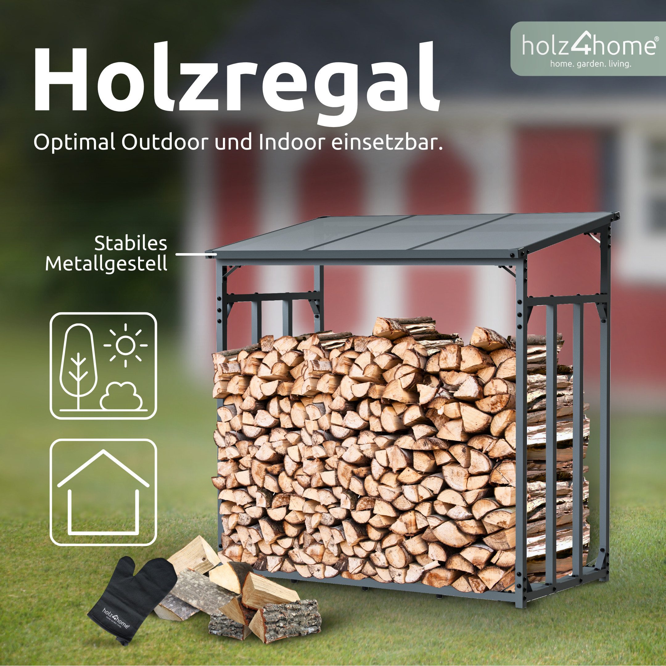 holz4home® Kaminholzregal Holzlager I Brennholzregal I Überdachung als Stapelhilfe für Brennholz, inkl. Plane und Holzhandschuh