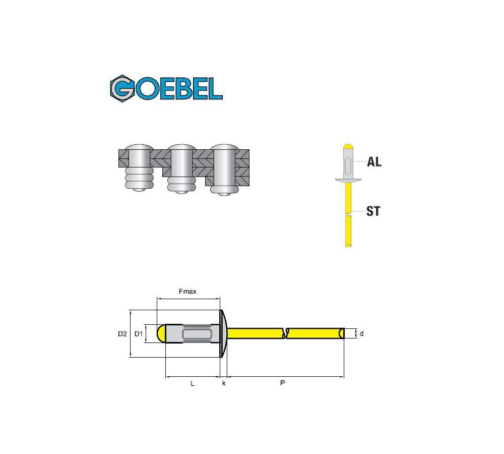 Mehrbereichsniete Mehrbereichsblindniete Niete - - mm, Mehrbereich / Niete 7771148100, Mehrbereich MULTI x GOEBEL - 4,8 Stahl - 250 - Großkopf Aluminium - 10,0 St., GmbH Mehrbereichsblindniete), (250x Blindniete Großkopf Blindniete