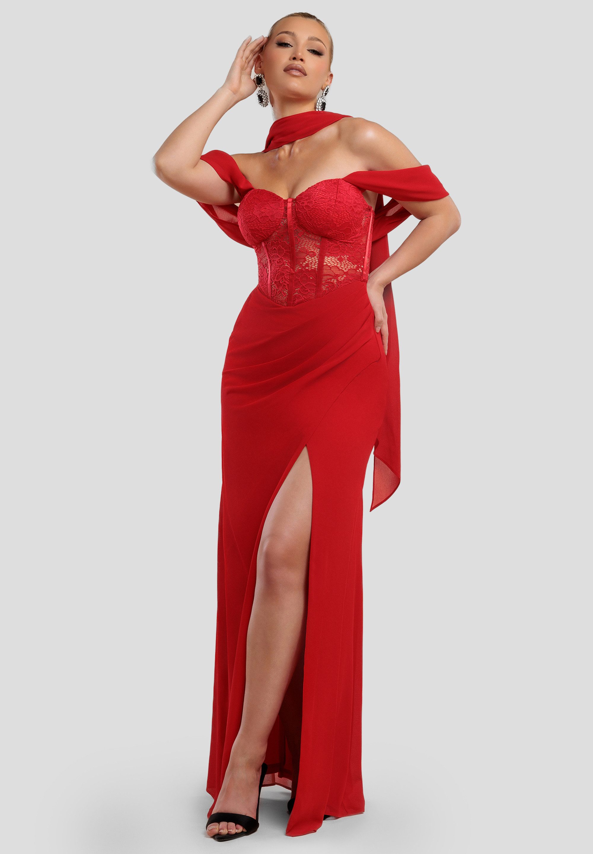 Maxikleid Scalloped Lace & Chiffon Winged Corset Bodice Maxi Dress
