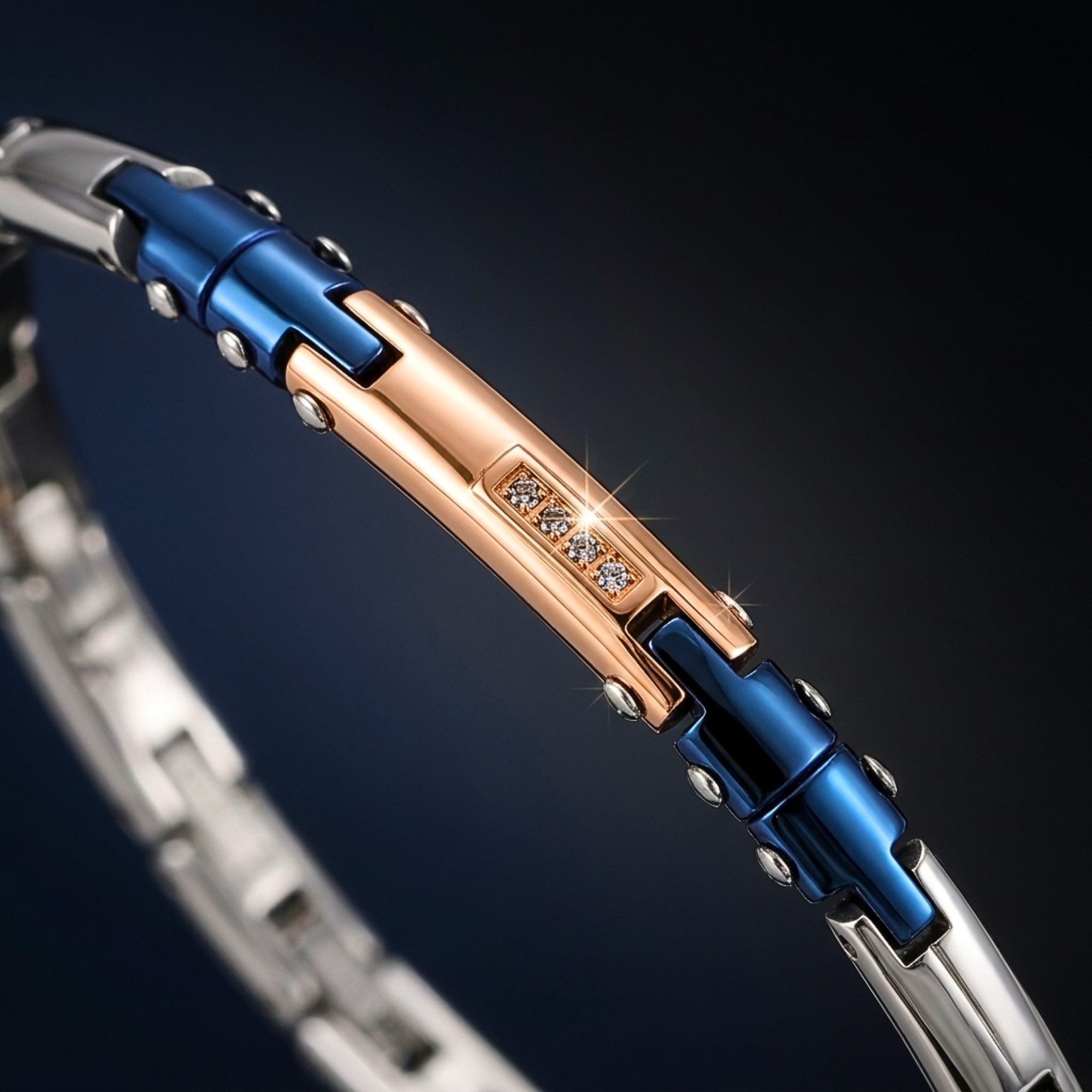 UNIQAL.de Edelstahlarmband DANTE BLAU - Technik, Spannung & Roségold-Kontrast (Präzisionsdesign mit markanten Farbkontrasten & Zirkonia-Detail, Handgefertigt in – Bild 5 von 5