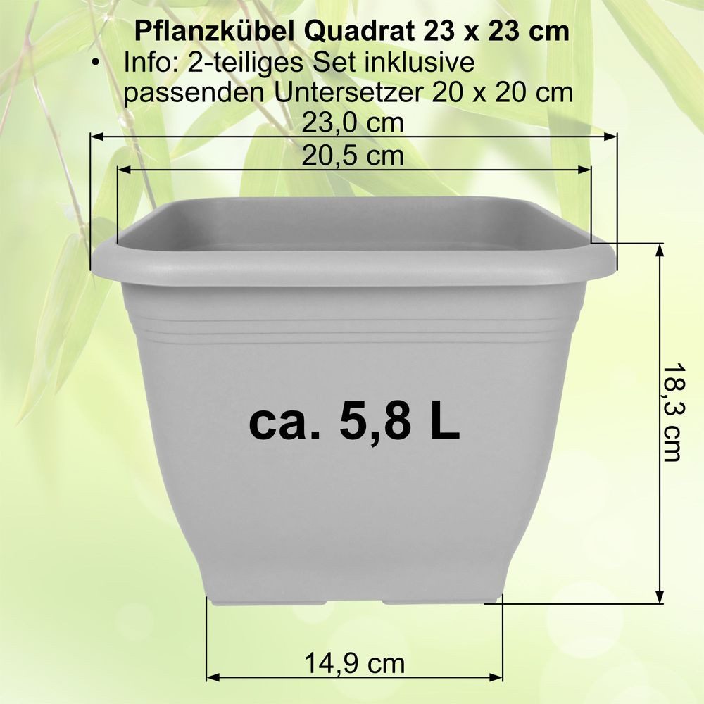 Heimwerkercenter Blumentopf MePla Blumentopf Quadrat 23x23cm, Untersetzer 20x20cm Terra, Kunstoff