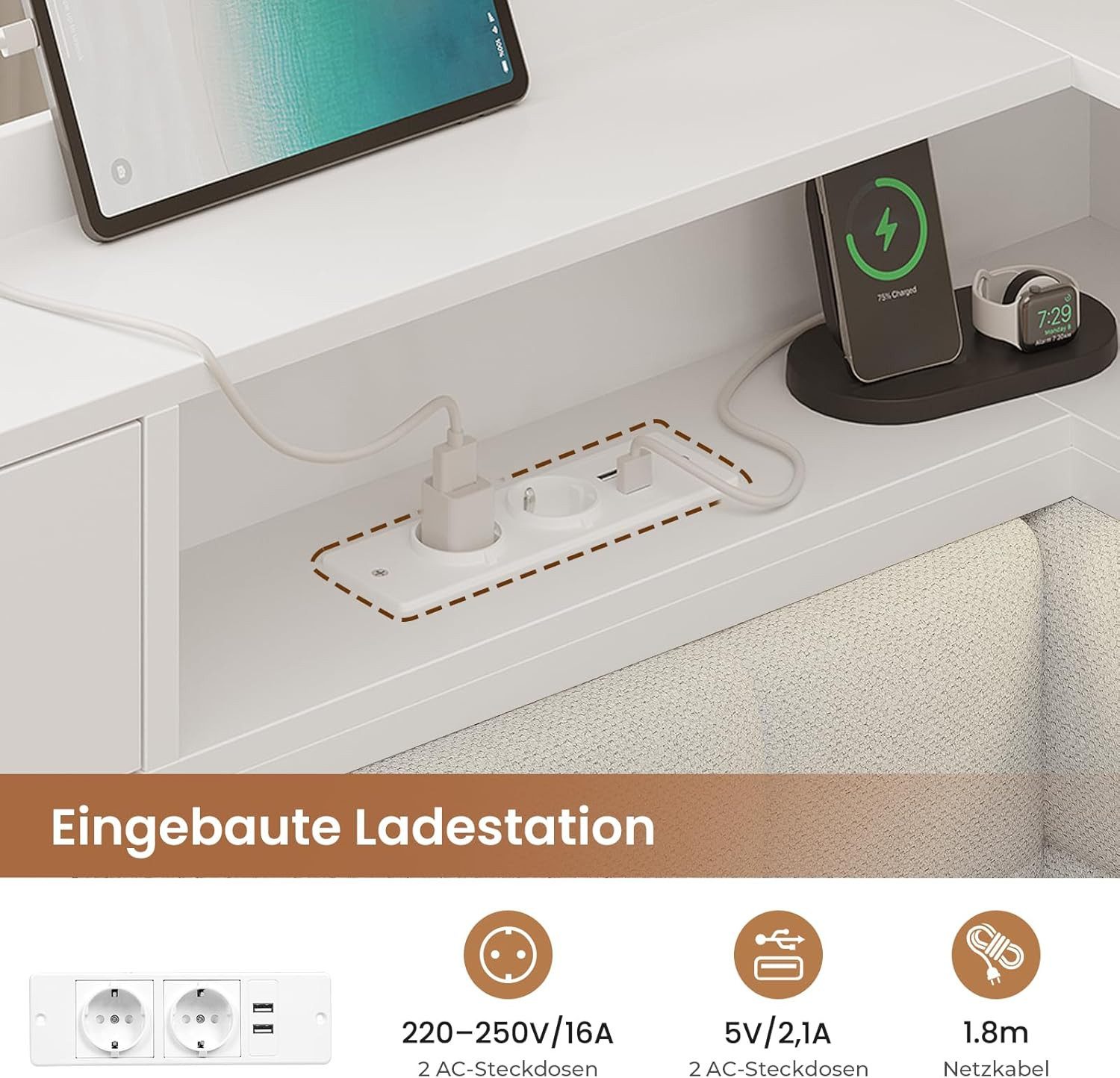 MSMASK Daybett Polsterbett Jugendbett mit LED-Beleuchtung und USB-Ladestation, Bettgestell mit Lattenrost aus Metall, 140 x 200 cm – Bild 5 von 5