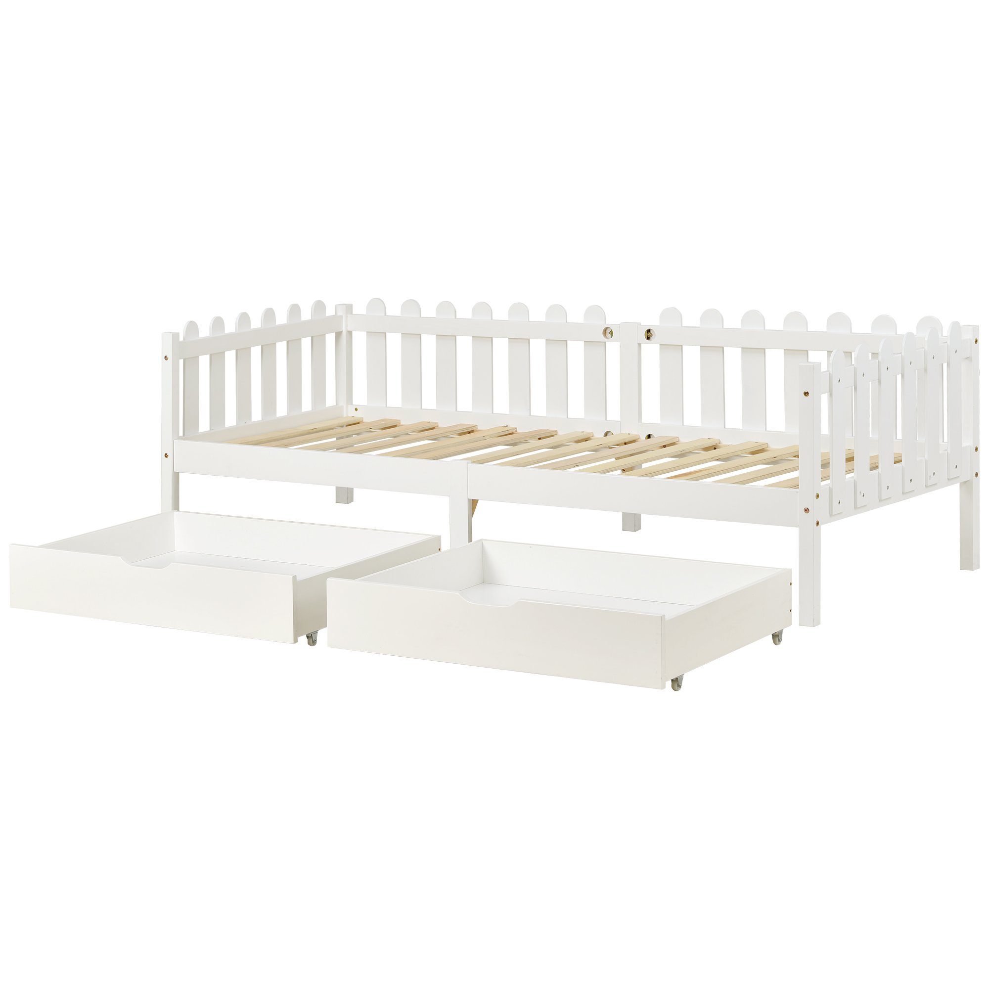 Daybett (1 tlg), Einzelbett Tagesbett Kinderbett mit Rausfallschutz, 2 MDF Schubladen und Lattenrost, Kiefernholz, Bett 200x90cm